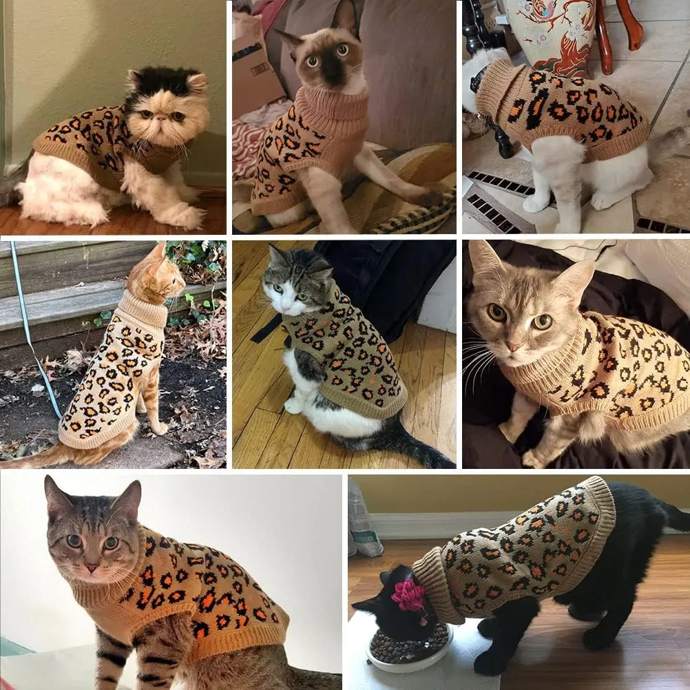Mihachi Winter Warm Cat Sweater Turtleneck Puppy Pets Sweater Knit Vest Fashion Leopard for Cats Puppy Small Animals Brown Small
