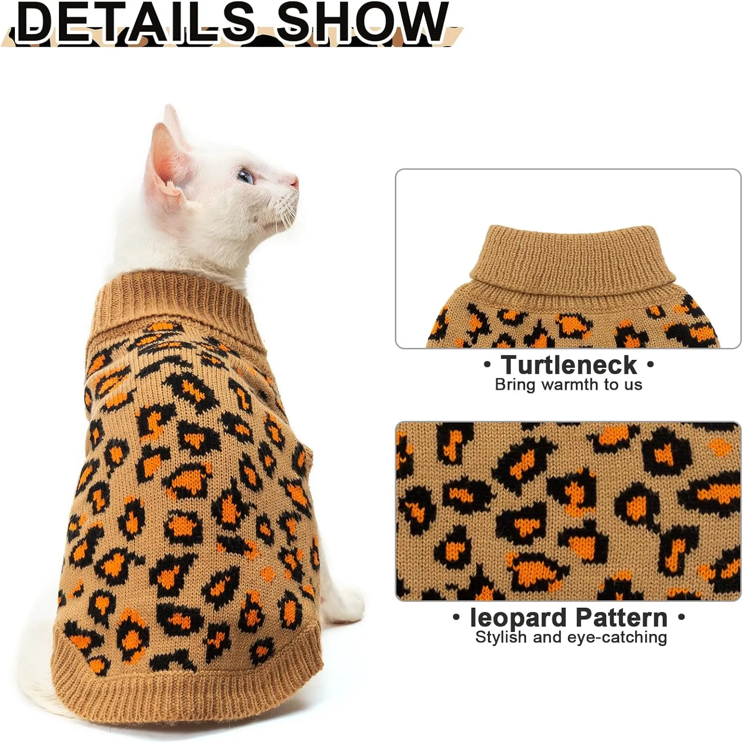 Mihachi Winter Warm Cat Sweater Turtleneck Puppy Pets Sweater Knit Vest Fashion Leopard for Cats Puppy Small Animals Brown Small