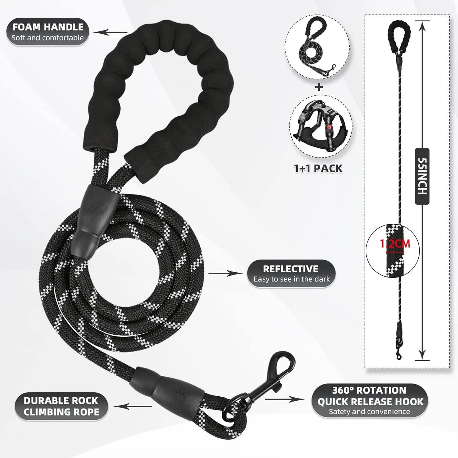 No Pull Dog Harness with A Free Heavy Duty 5ft Dog Leash, Adjustable Soft Padded Dog Vest, Reflective No-Choke Pet Oxford Vest with Easy Control Handle for Small and Large Dogs(Black, Small)