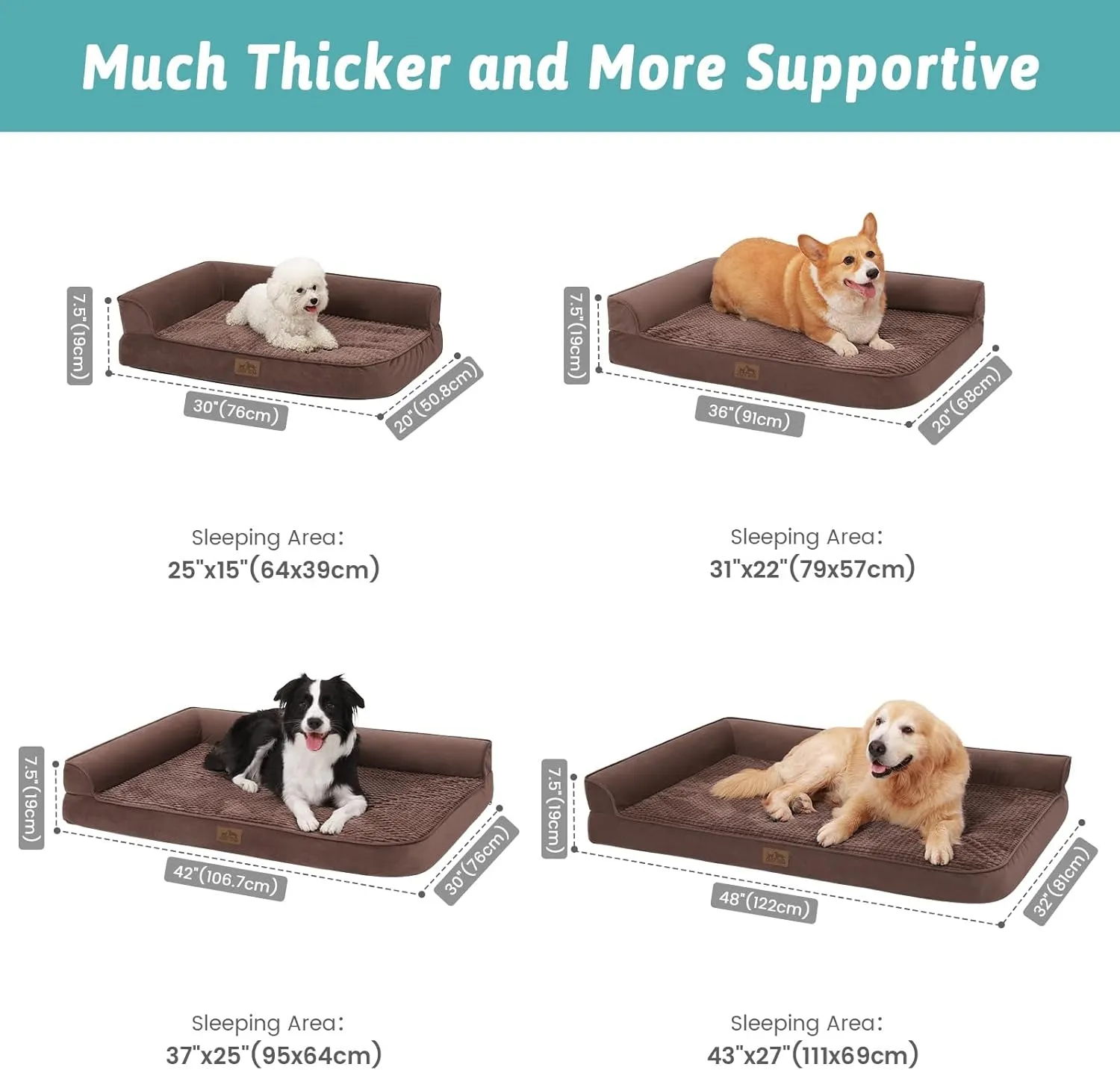 Orthopedic Dog Bed for Large Dog, Pet Couch for Medium Dog Cat, Big Supportive Foam Bolster Sofa with Waterproof Lining Cover, Anti-Slip, Comfort, Washable, L Shape, 36x27x7.5 in, Brown
