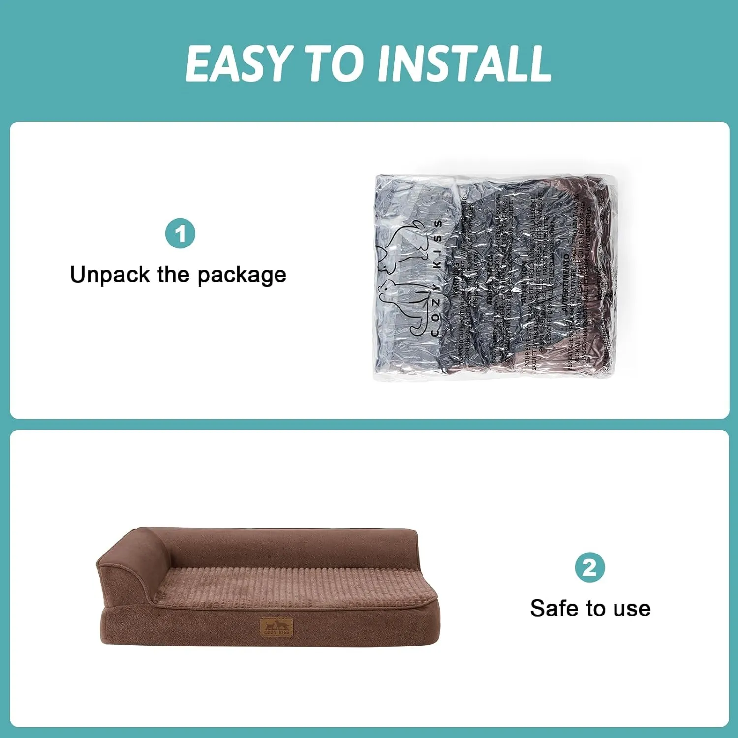 Orthopedic Dog Bed for Large Dog, Pet Couch for Medium Dog Cat, Big Supportive Foam Bolster Sofa with Waterproof Lining Cover, Anti-Slip, Comfort, Washable, L Shape, 36x27x7.5 in, Brown