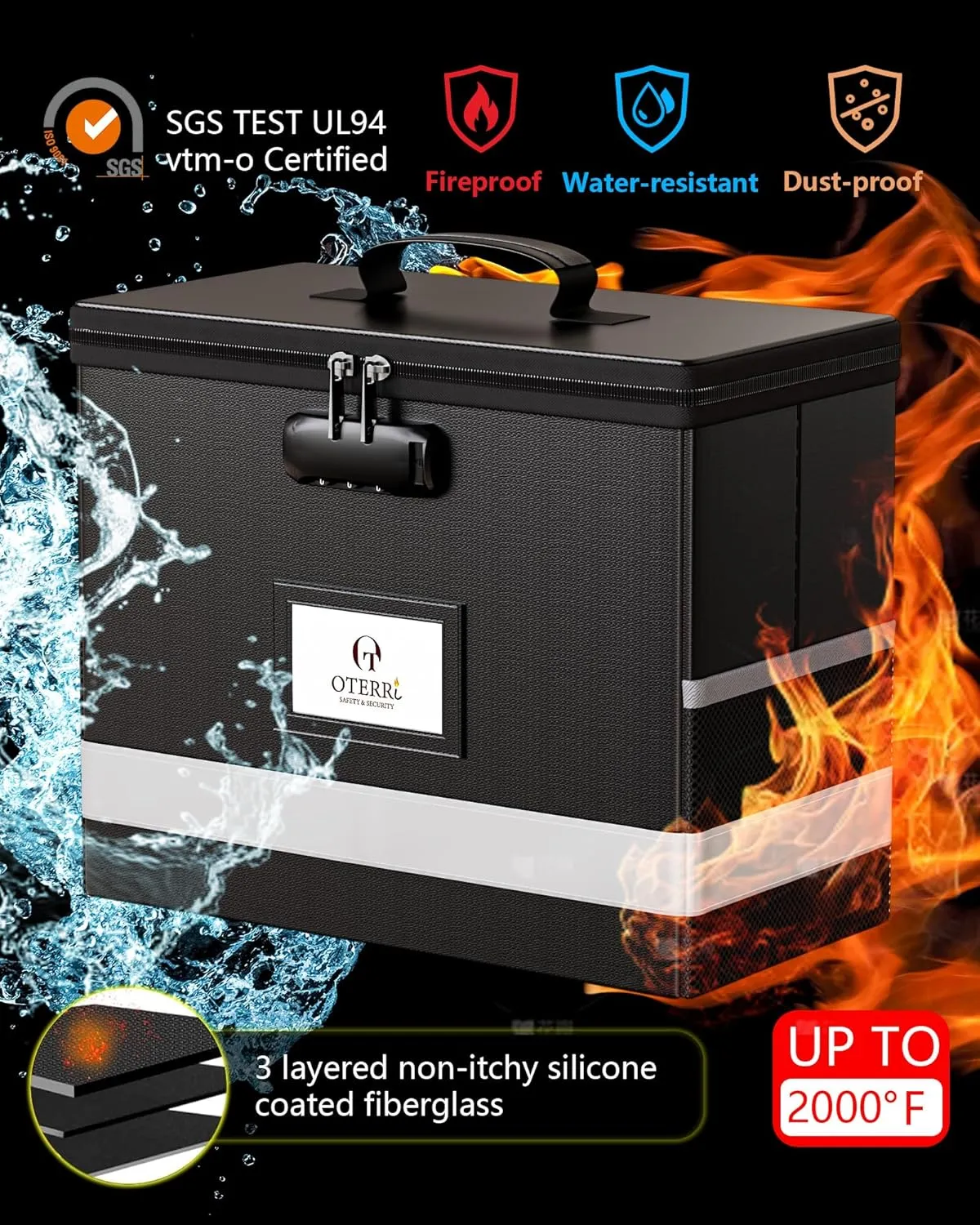Oterri 1 Pack Fireproof Document Box With Lock, Portable File Safe Box Fireproof Waterproof For Letter Files, Collapsible Fireproof File Box With Handle Black