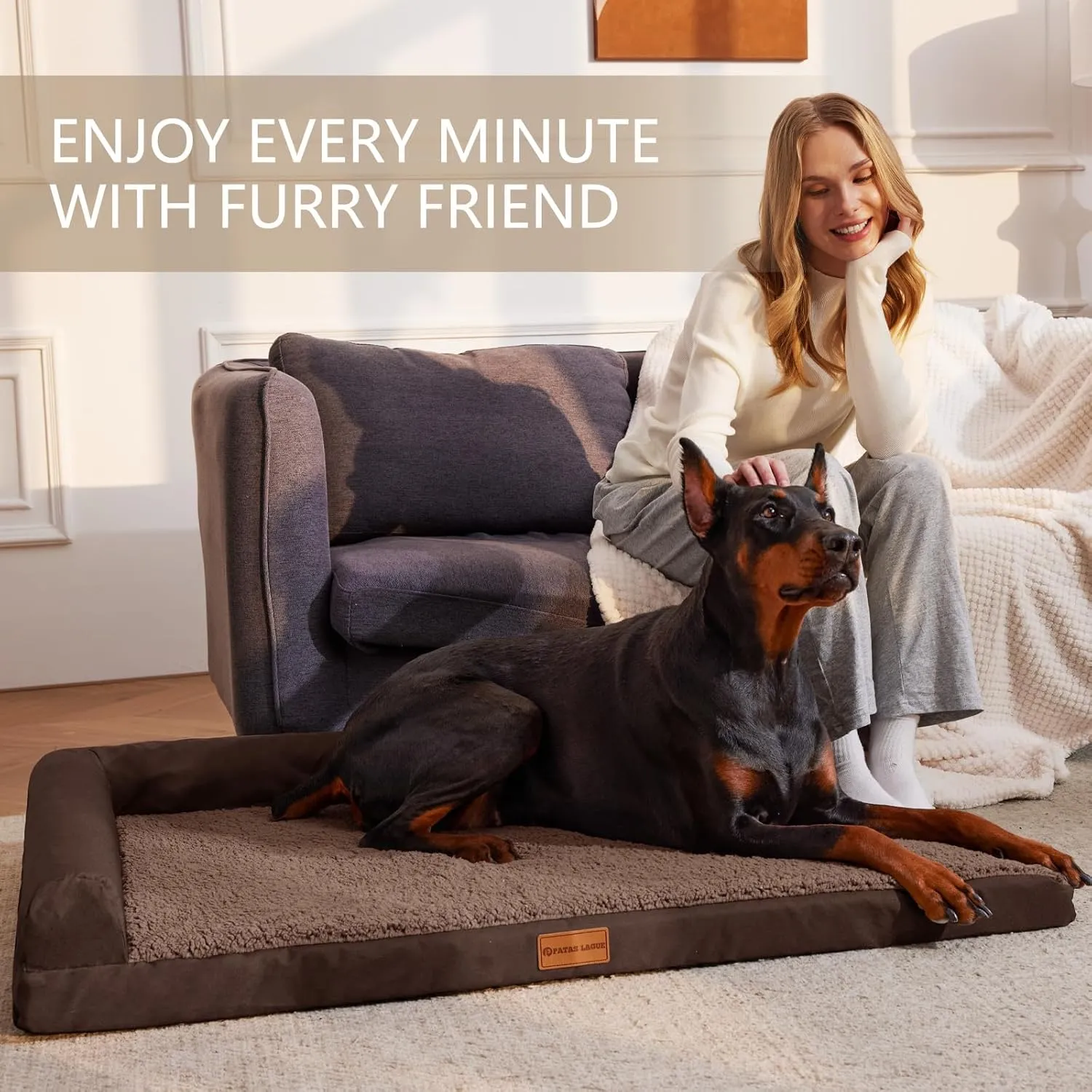 Patas Lague Orthopedic XXL Dog Bed for Extra Large Dogs 48''X30'', Waterproof L Shaped Big Large Pet Sofa Beds with Removable Washable Cover, Soft Comfortable Pet Couch Mat with Nonskid Bottom, Brown