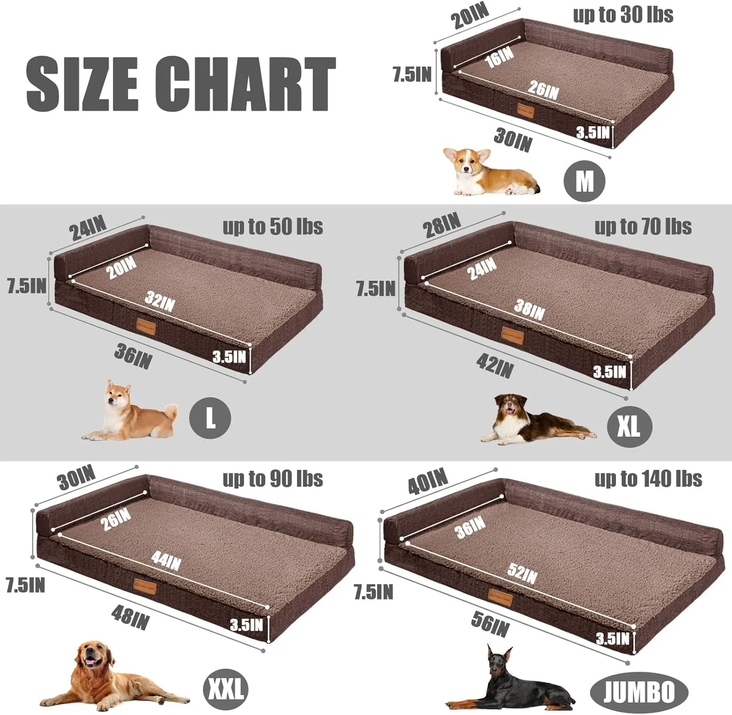 Patas Lague Orthopedic XXL Dog Bed for Extra Large Dogs 48''X30'', Waterproof L Shaped Big Large Pet Sofa Beds with Removable Washable Cover, Soft Comfortable Pet Couch Mat with Nonskid Bottom, Brown