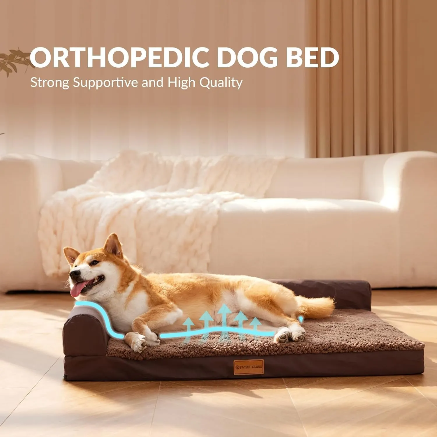 Patas Lague Orthopedic XXL Dog Bed for Extra Large Dogs 48''X30'', Waterproof L Shaped Big Large Pet Sofa Beds with Removable Washable Cover, Soft Comfortable Pet Couch Mat with Nonskid Bottom, Brown