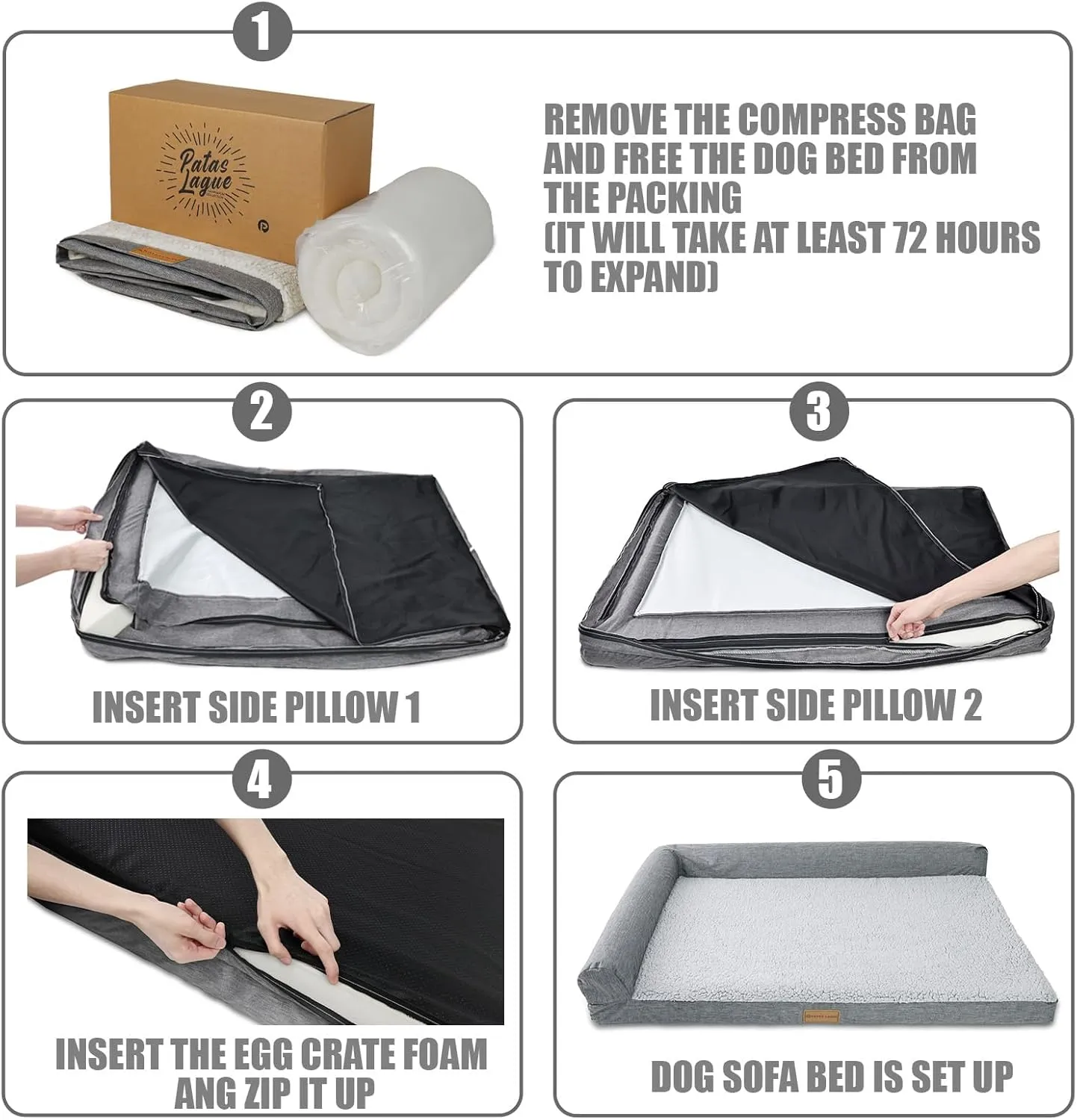 Patas Lague Orthopedic XXL Dog Bed for Extra Large Dogs 48''X30'', Waterproof L Shaped Big Large Pet Sofa Beds with Removable Washable Cover, Soft Comfortable Pet Couch Mat with Nonskid Bottom, Brown