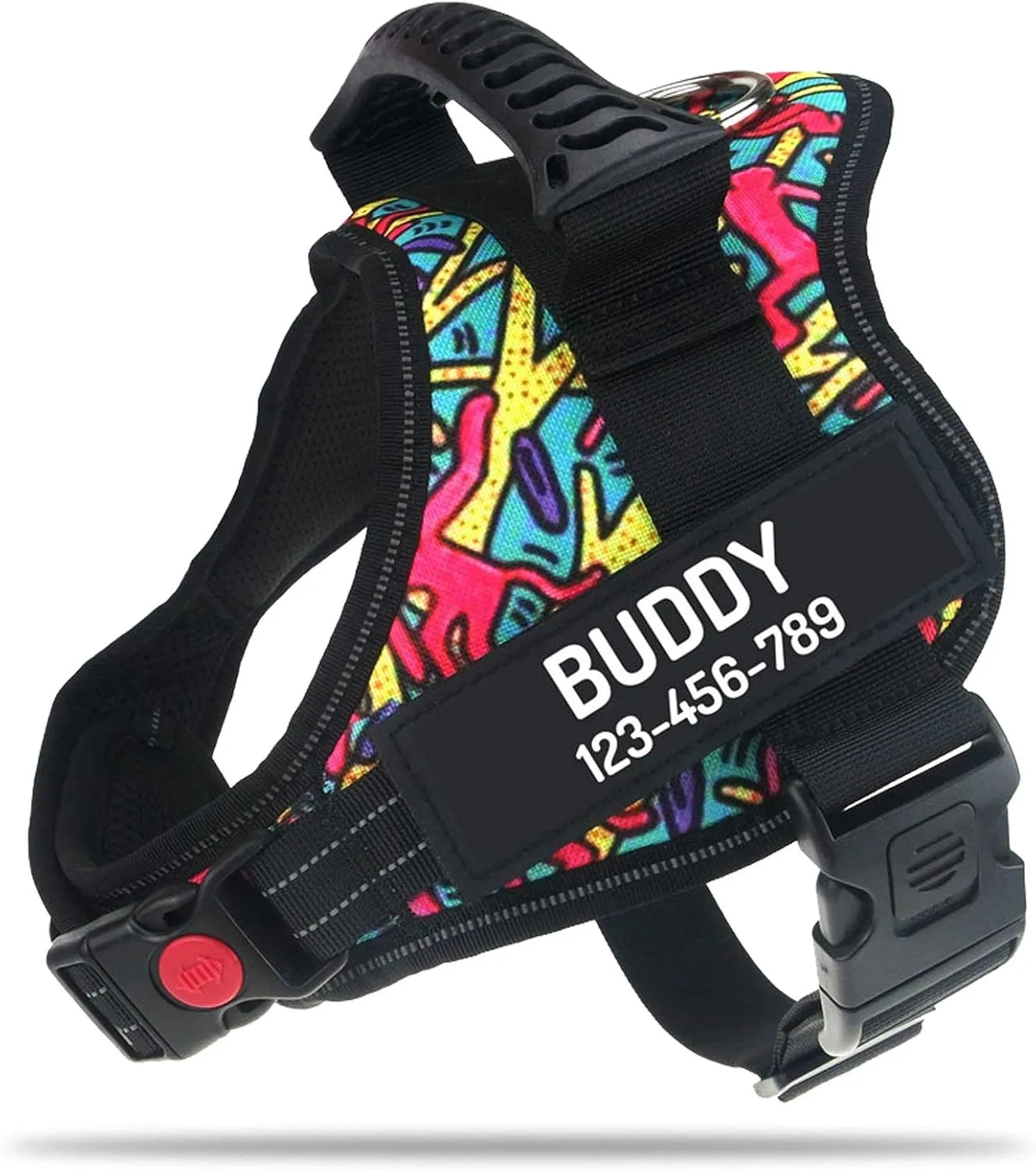 PawPawify Personalized No Pull Dog Harness with Custom Name and Phone Number,Heavy Duty Pet Vest to Prevent Tugging,Pulling,or Choking,Training and Walking,Color Doodle,S Chest 20-25in