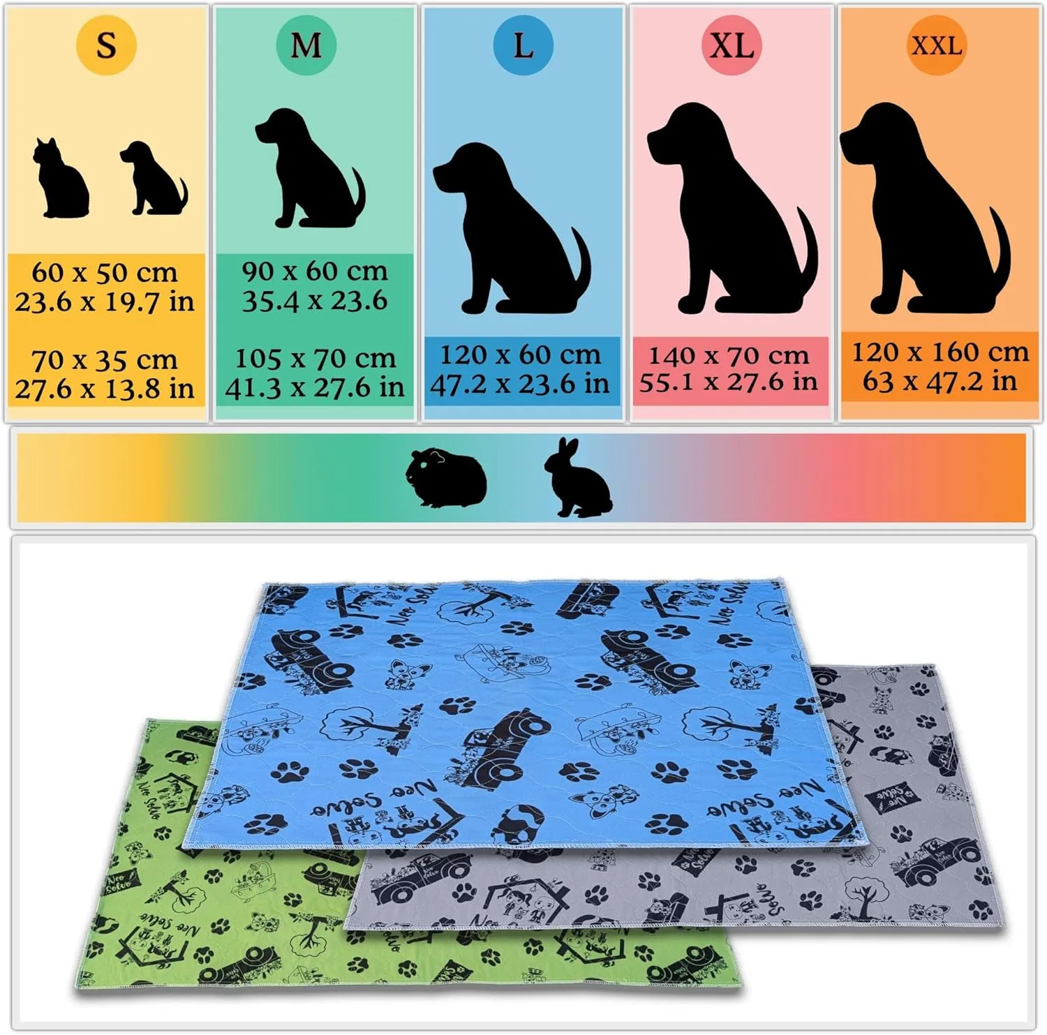 Pee Pad 47.2 x 23.6 Inches - Reusable Waterproof Absorbent Non-Slip - for Dog, Bunny, Guinea Pigs, Cat - Potty Training - Kitchen Floor - in Front of Litter Box - Cage Bottom