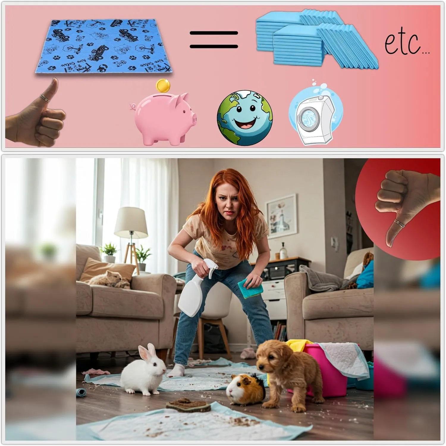Pee Pad 47.2 x 23.6 Inches - Reusable Waterproof Absorbent Non-Slip - for Dog, Bunny, Guinea Pigs, Cat - Potty Training - Kitchen Floor - in Front of Litter Box - Cage Bottom