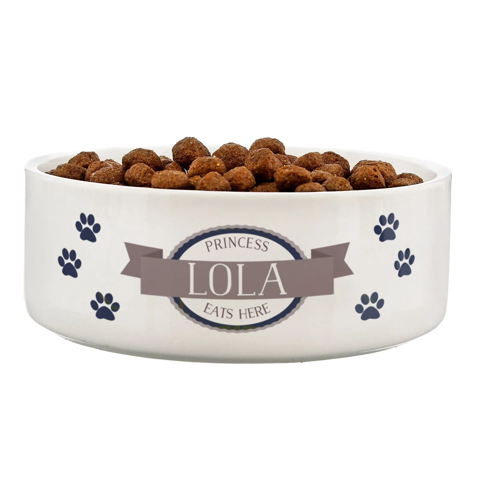 Personalised Blue Paws 14Cm Medium White Pet Bowl