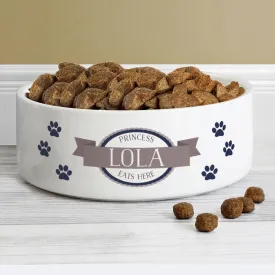 Personalised Blue Paws 14Cm Medium White Pet Bowl