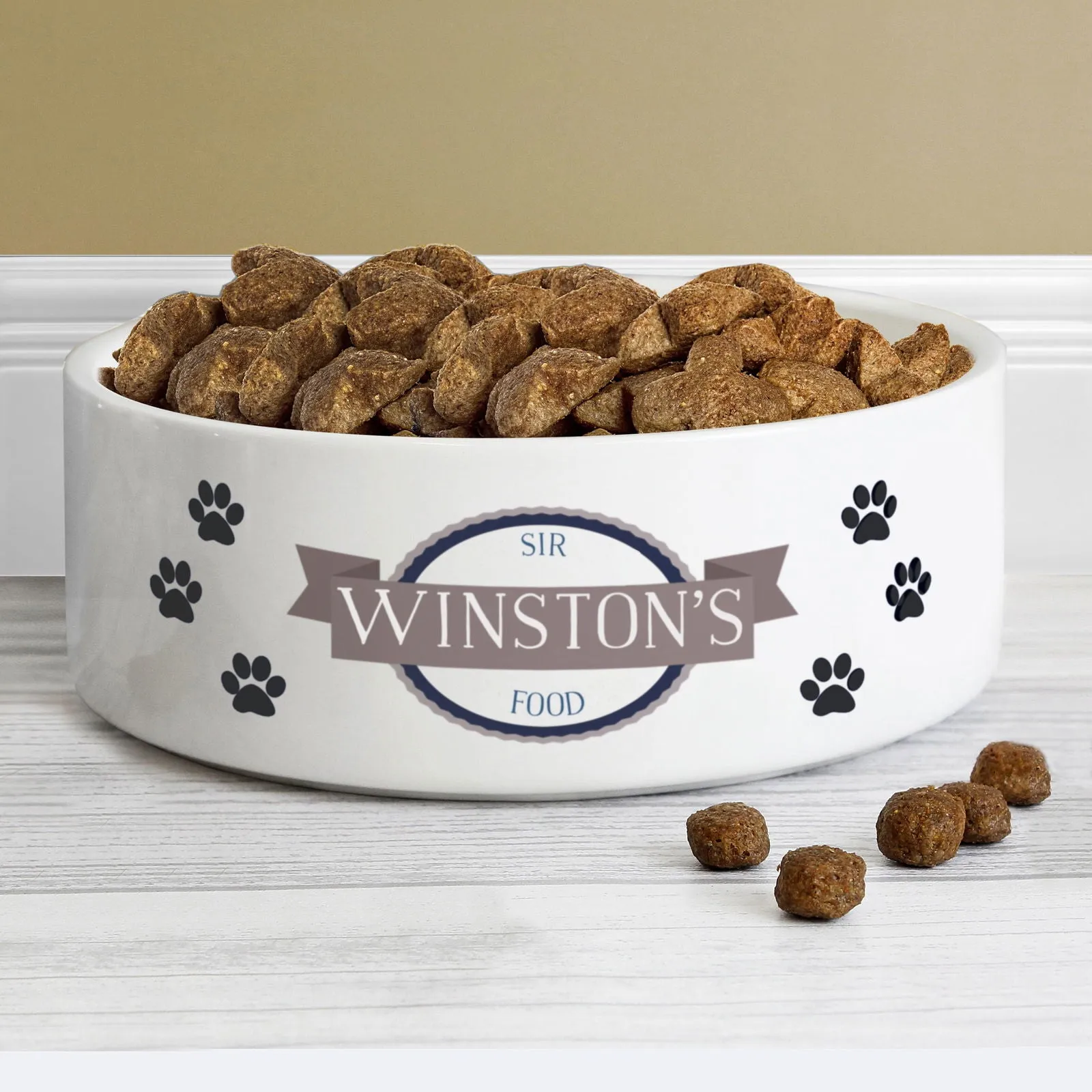 Personalised Blue Paws 14Cm Medium White Pet Bowl