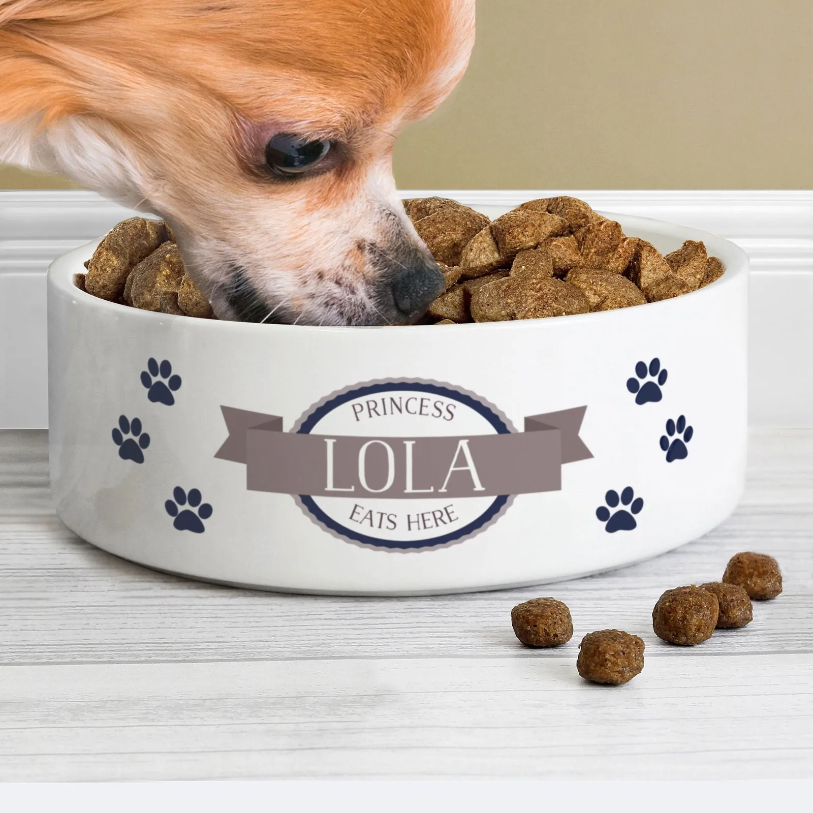 Personalised Blue Paws 14Cm Medium White Pet Bowl