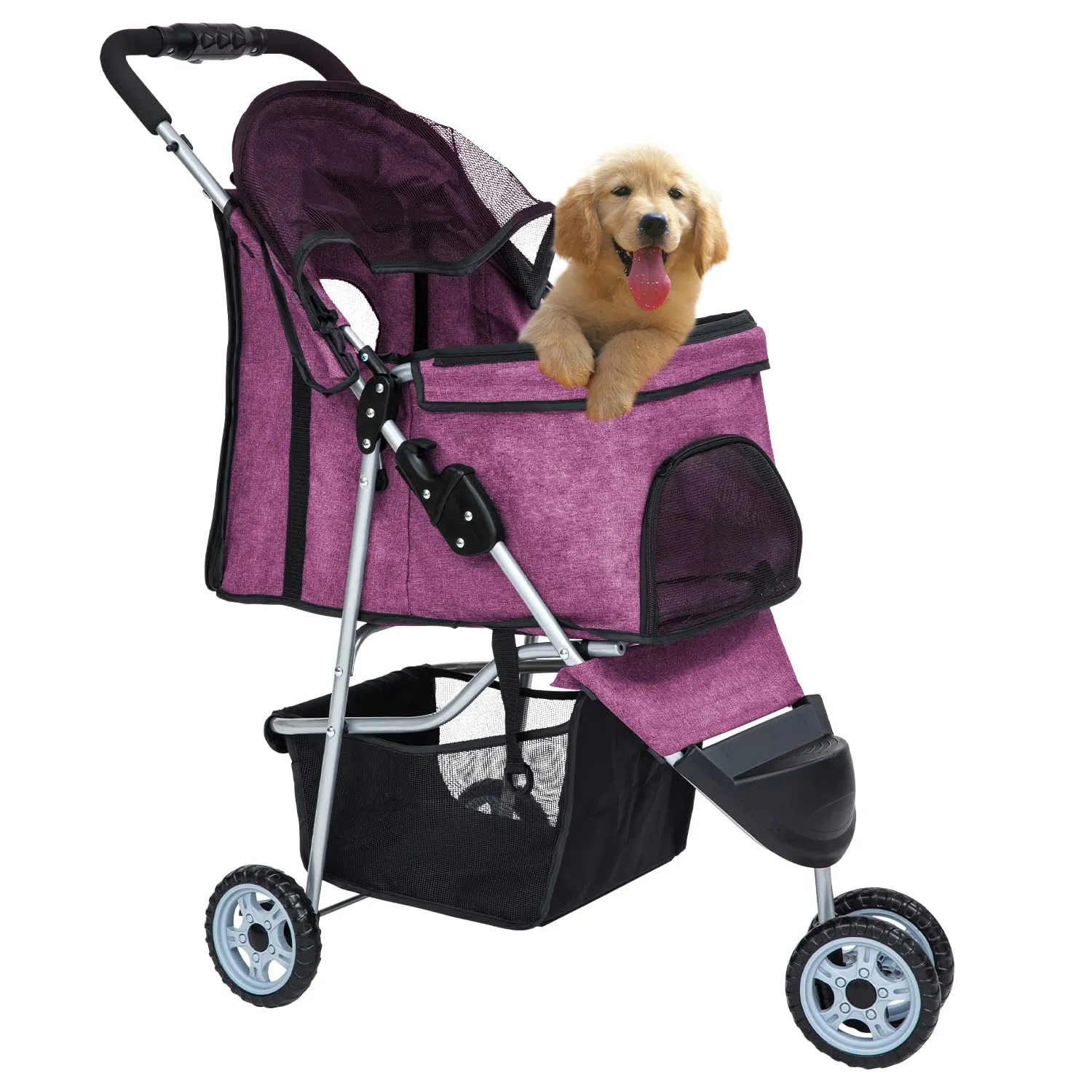 Pet Stroller, Dog Stroller Wheels Carrier Strolling Cart Waterproof Travel Folding Cart for Puppy Small-Medium Dog, Cat with Cup Holder, Locking Wheel (Purple)