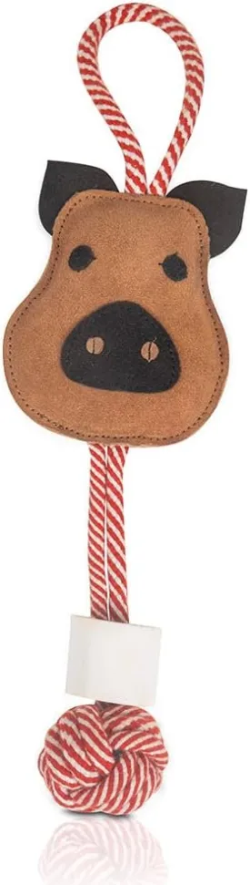 Pig Shaped Premium Natural Suede Leather & Rope Chew Toy with Bone for Medium to Large Dogs