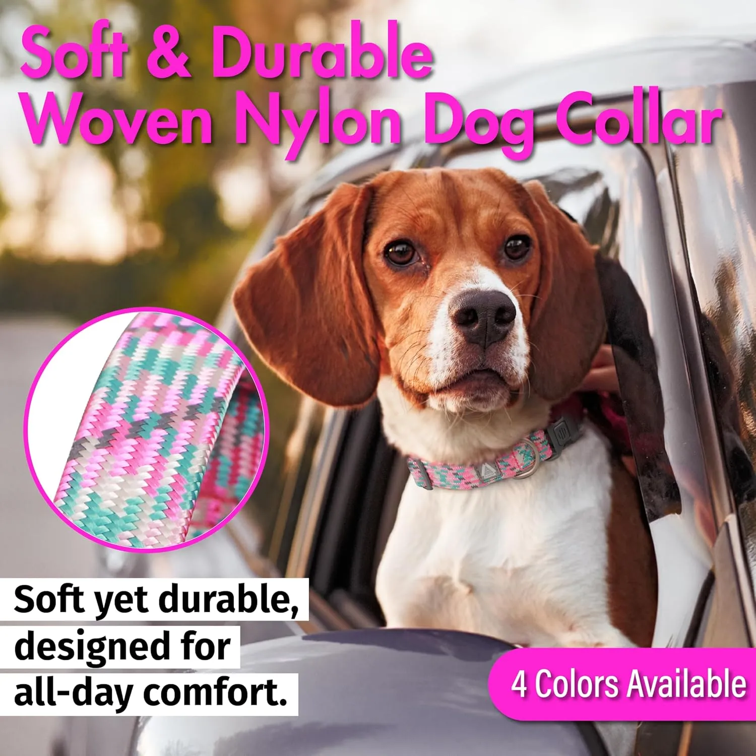 Pink Dog Collar, Reflective Nylon Collar with Safety Lock, Adjustable Neck 9-14, Soft and Durable for Small Girl Dogs