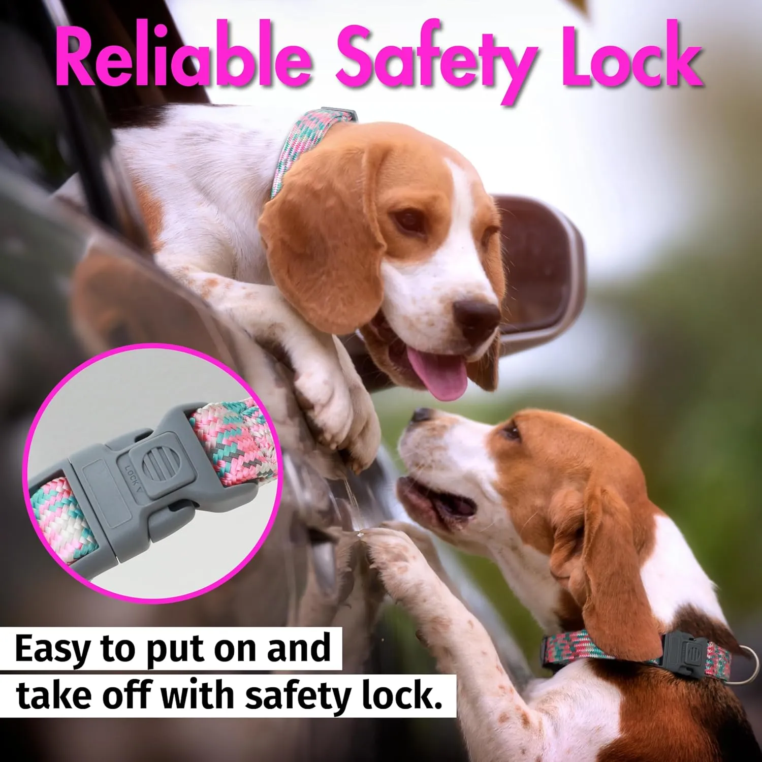 Pink Dog Collar, Reflective Nylon Collar with Safety Lock, Adjustable Neck 9-14, Soft and Durable for Small Girl Dogs