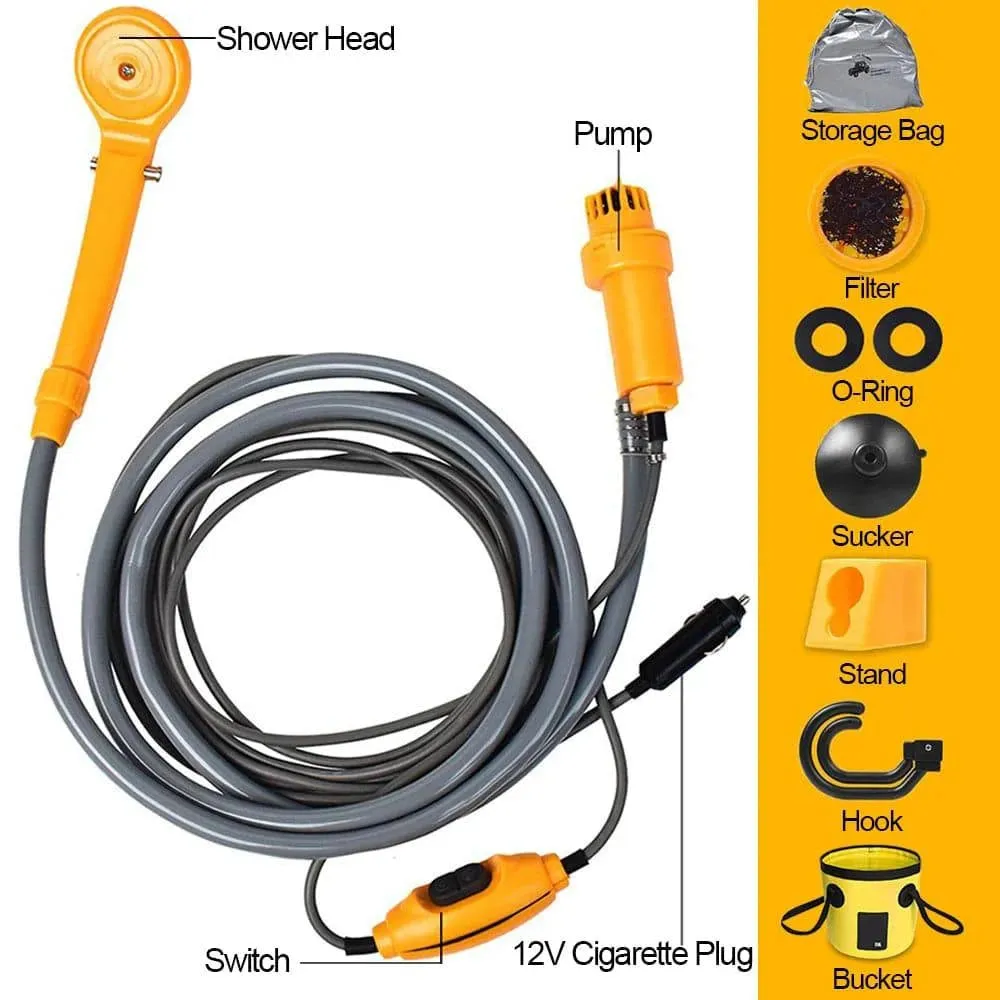 Portable Camping Shower Outdoor 12V Shower Pump with 20L Collapsible Bucket for Camping Hiking Backpacking Beach Bath Flowering