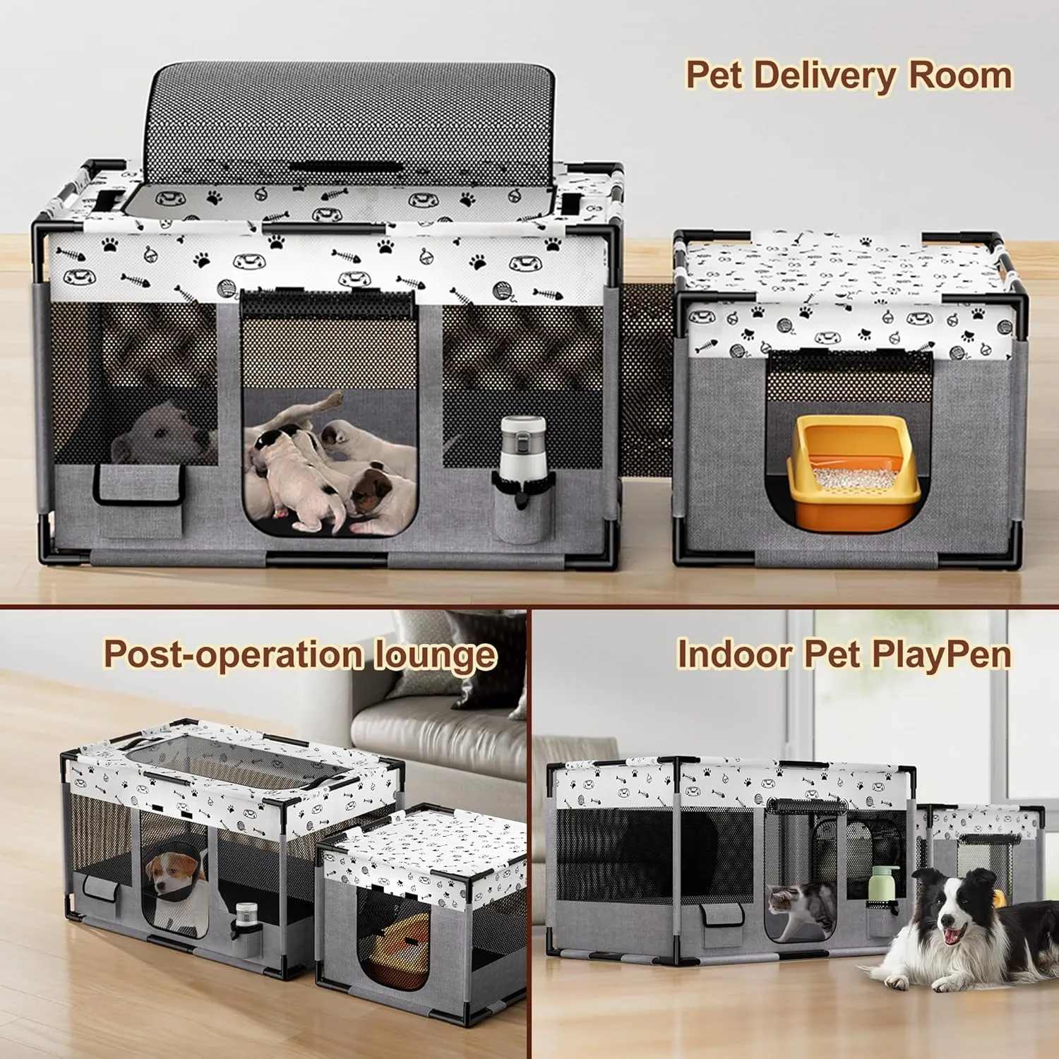 Portable Cat Playpen, Pet Dog Playpen, Kitten Puppy Play Pen for Indoor/Outdoor, Collapsible Cats Cages Enclosed Tent with Carrying Case, PVC Pipe Frame, 600D Oxford, 39" x 24" x 22"