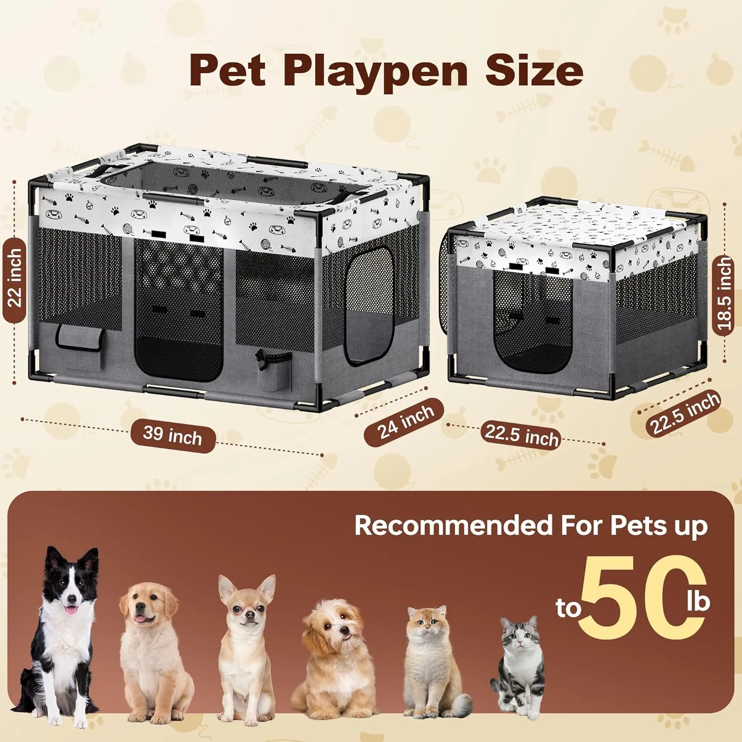 Portable Cat Playpen, Pet Dog Playpen, Kitten Puppy Play Pen for Indoor/Outdoor, Collapsible Cats Cages Enclosed Tent with Carrying Case, PVC Pipe Frame, 600D Oxford, 39" x 24" x 22"