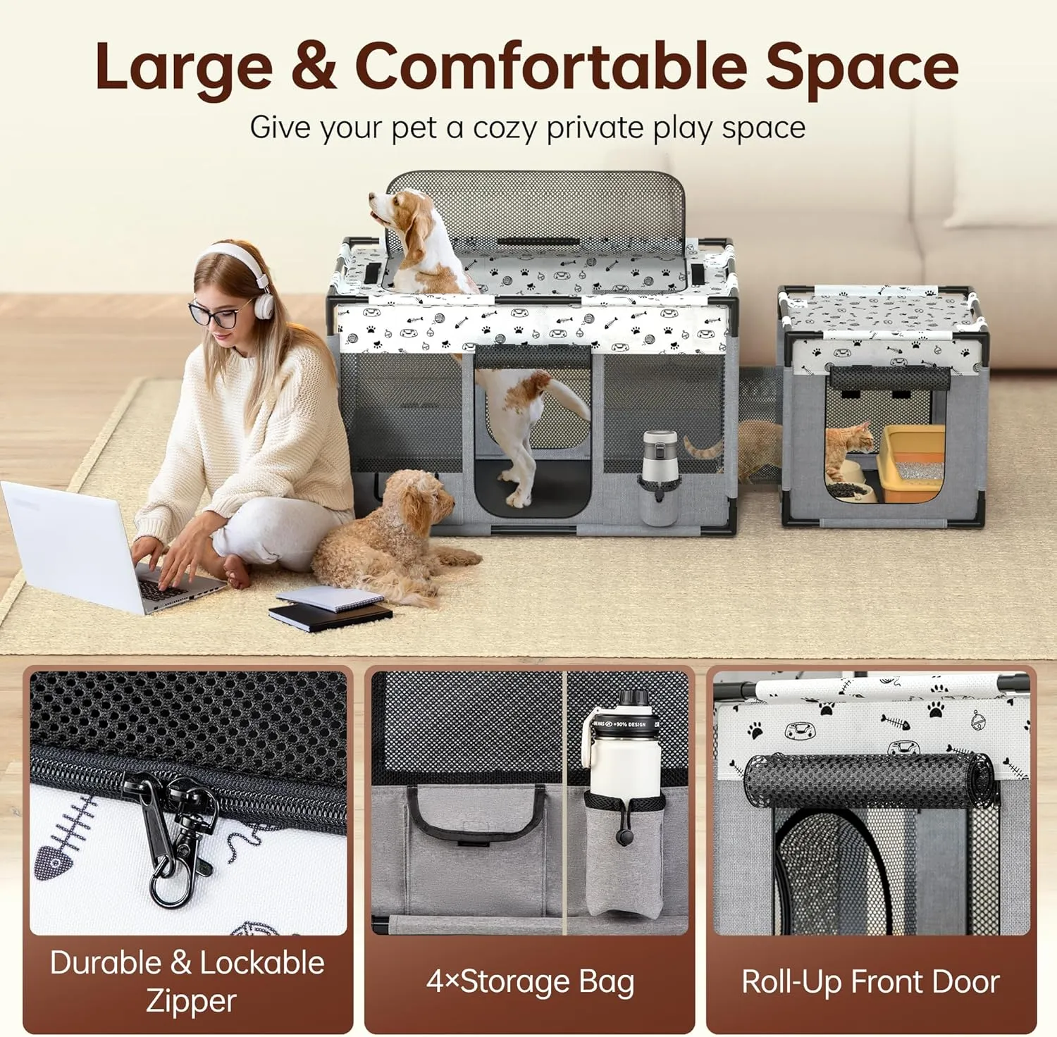 Portable Cat Playpen, Pet Dog Playpen, Kitten Puppy Play Pen for Indoor/Outdoor, Collapsible Cats Cages Enclosed Tent with Carrying Case, PVC Pipe Frame, 600D Oxford, 39" x 24" x 22"