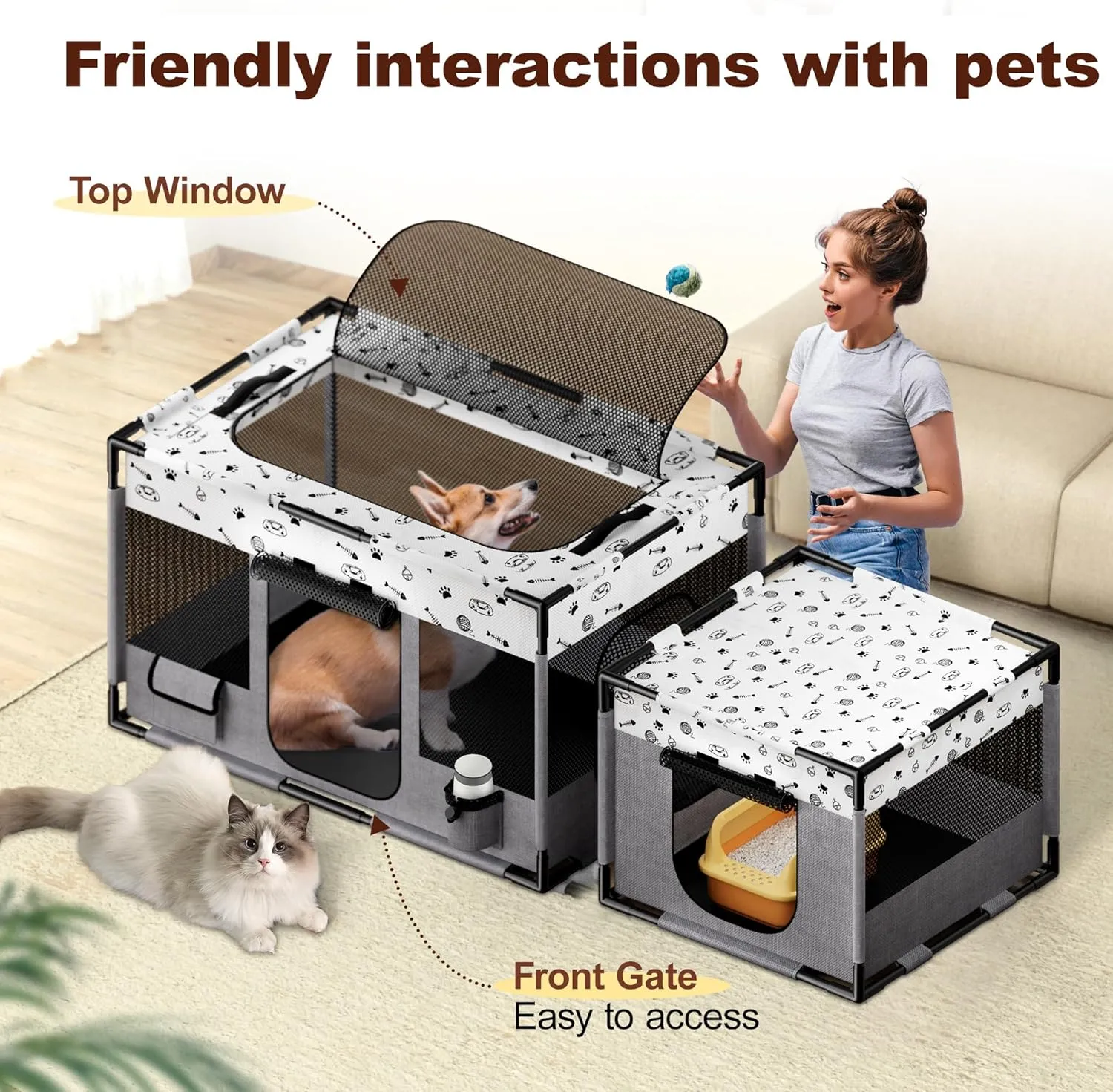 Portable Cat Playpen, Pet Dog Playpen, Kitten Puppy Play Pen for Indoor/Outdoor, Collapsible Cats Cages Enclosed Tent with Carrying Case, PVC Pipe Frame, 600D Oxford, 39" x 24" x 22"