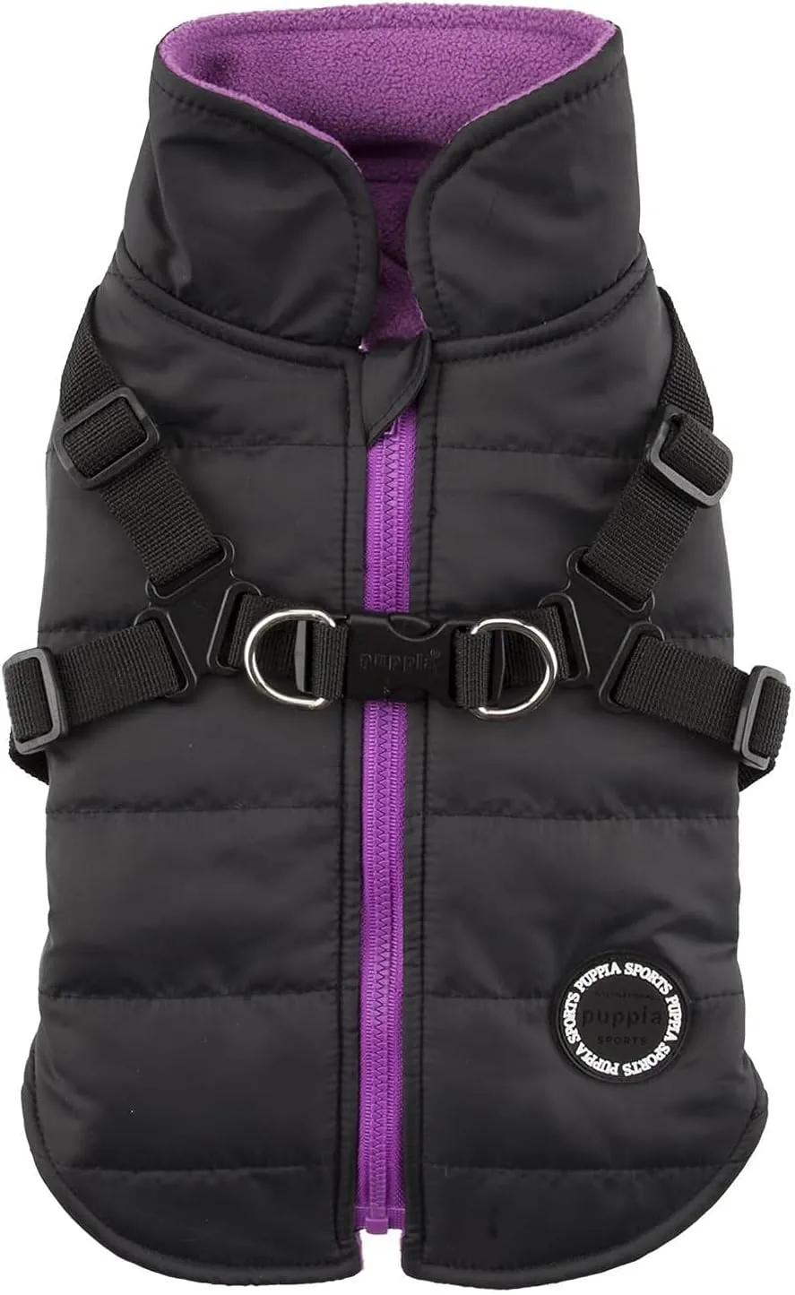 Puppia Mountaineer Winter Dog Coat with integrated harness No Pull Cold Weather Waterproof Warm Fleece Back Zipper for Small & Medium Dog, BLACK, Small