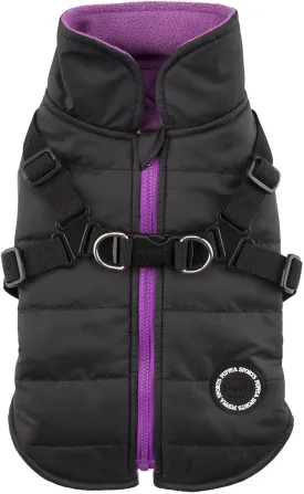 Puppia Mountaineer Winter Dog Coat with integrated harness No Pull Cold Weather Waterproof Warm Fleece Back Zipper for Small & Medium Dog, BLACK, Small