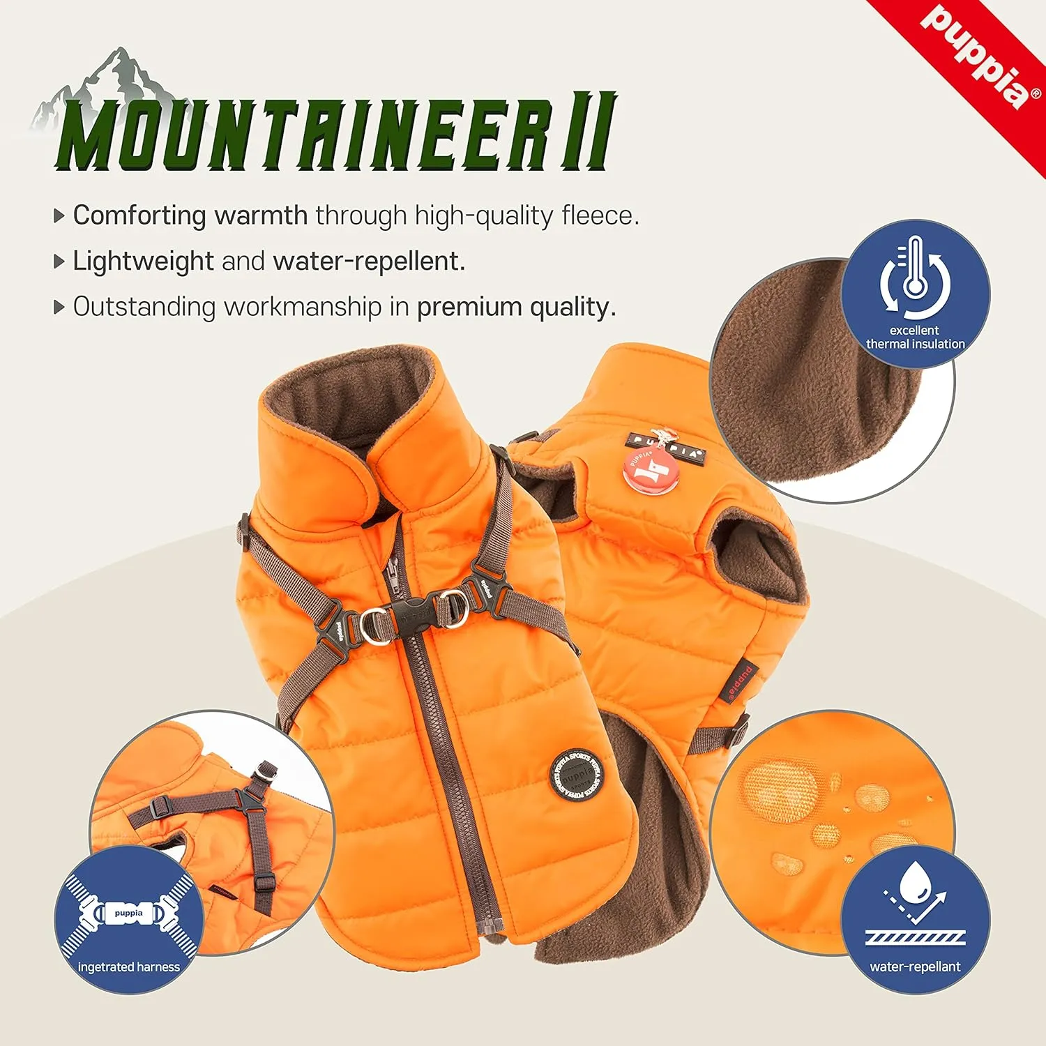Puppia Mountaineer Winter Dog Coat with integrated harness No Pull Cold Weather Waterproof Warm Fleece Back Zipper for Small & Medium Dog, BLACK, Small