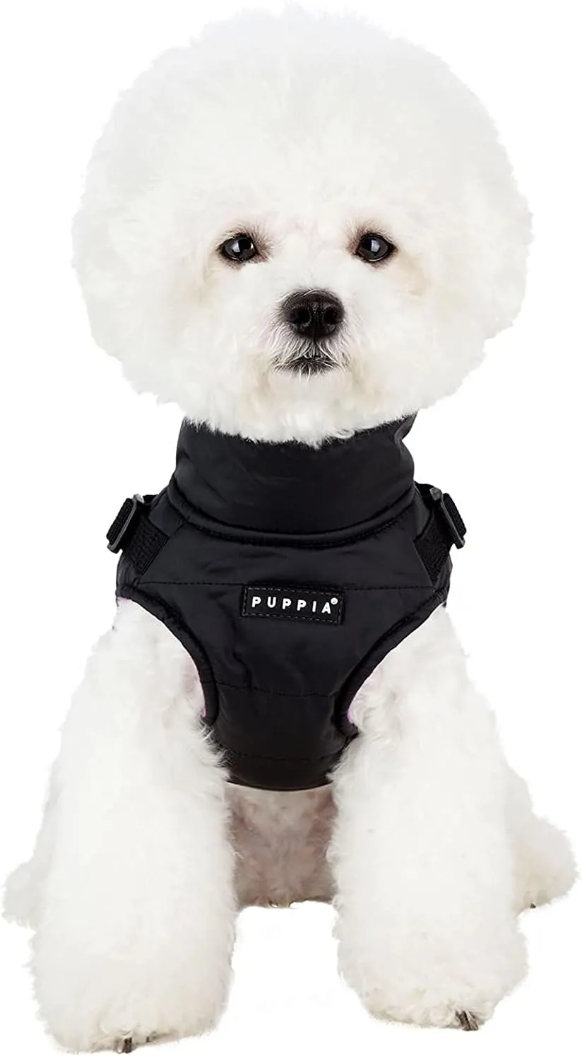 Puppia Mountaineer Winter Dog Coat with integrated harness No Pull Cold Weather Waterproof Warm Fleece Back Zipper for Small & Medium Dog, BLACK, Small
