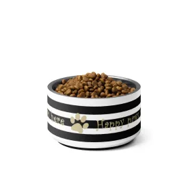 "HUNGRY PAWS HERE" Black and White Stripe 18 oz. Stainless Steel Pet Bowl