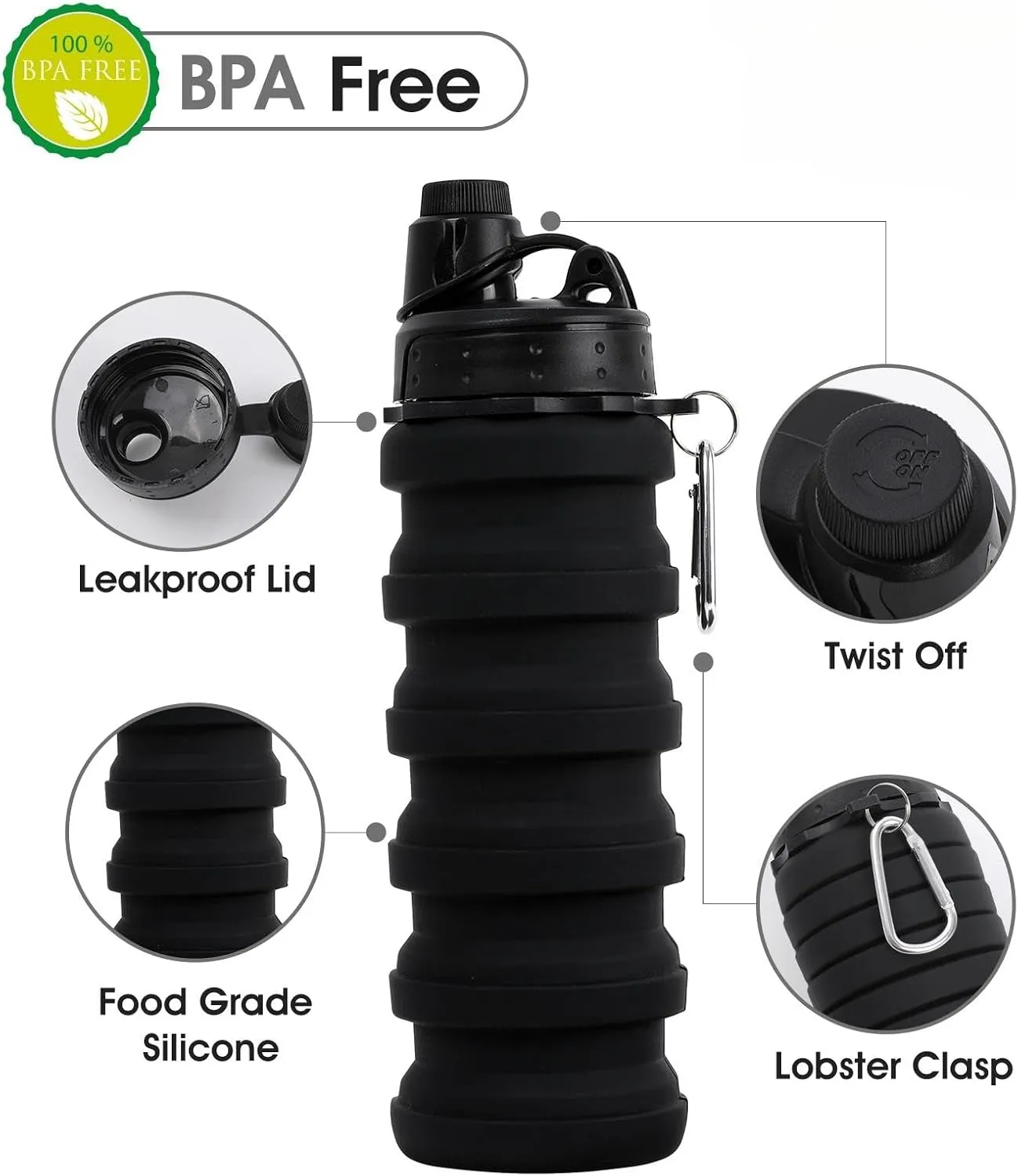 Reusable BPA Free Foldable Silicone Water Bottles for Kids, Students, Adults, Travel Camping Hiking, Black