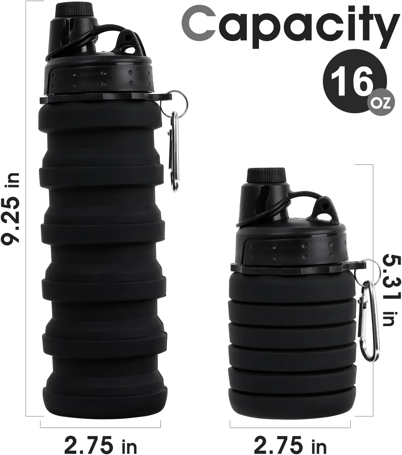 Reusable BPA Free Foldable Silicone Water Bottles for Kids, Students, Adults, Travel Camping Hiking, Black