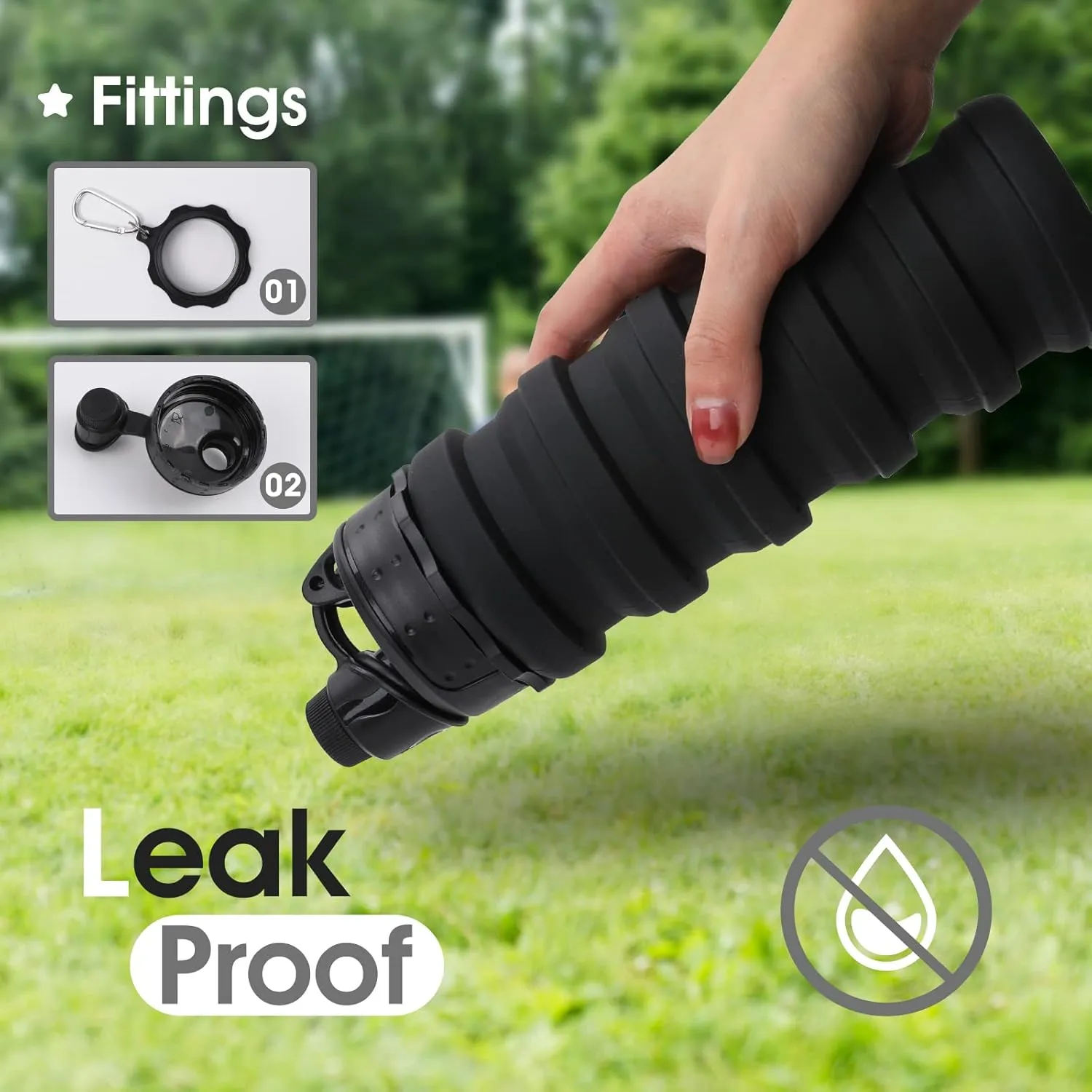 Reusable BPA Free Foldable Silicone Water Bottles for Kids, Students, Adults, Travel Camping Hiking, Black