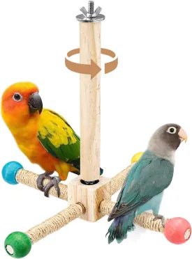 Rotating Bird Stand Perch Toy, Natural Wood Spinning Parakeet Toy, Fun Wheel Parrot Toys for Parrot, Bird Cage Wooden Branch Accessories for Budgies, Lovebirds, Cockatiels