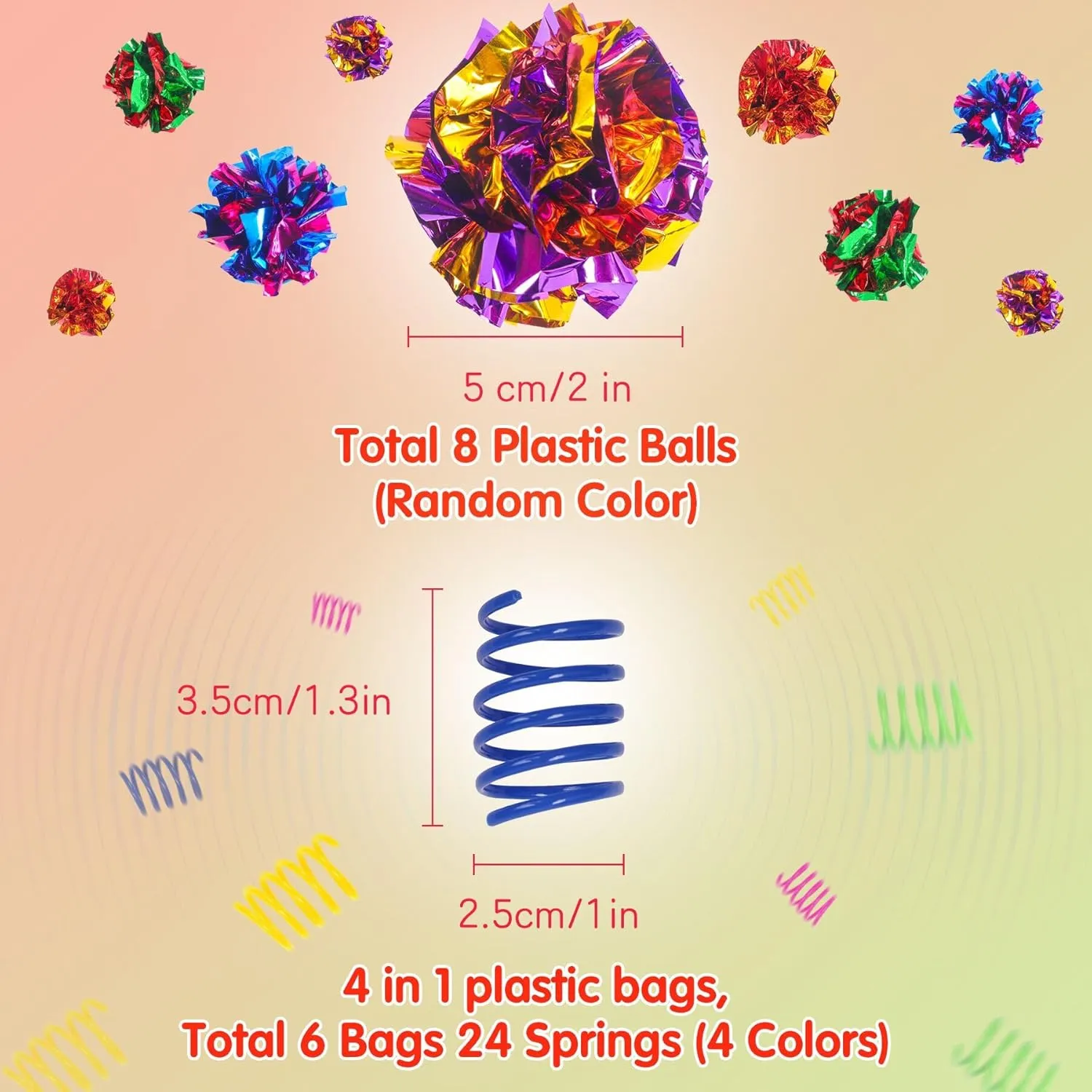 SEVENKA Cat Toys 8 Pcs Color Crinkle Balls and 24 Spring Toy, 2in/5cm Cat Balls, Kitten Toy, Plastic Spiral Springs for Swatting, Biting, Hunting, Active Healthy Play