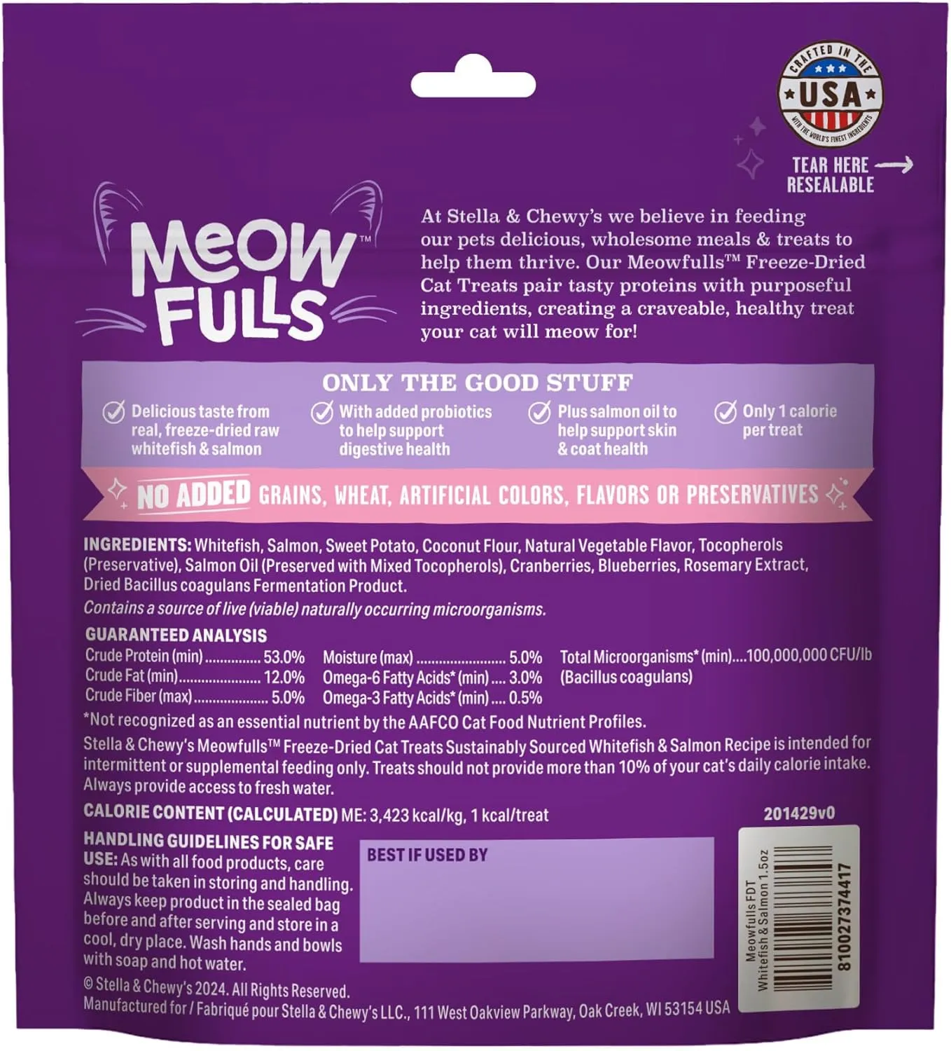 Stella & Chewy's Meowfulls Freeze Dried Cat Treats Whitefish & Salmon Recipe, 1.5 oz Bag