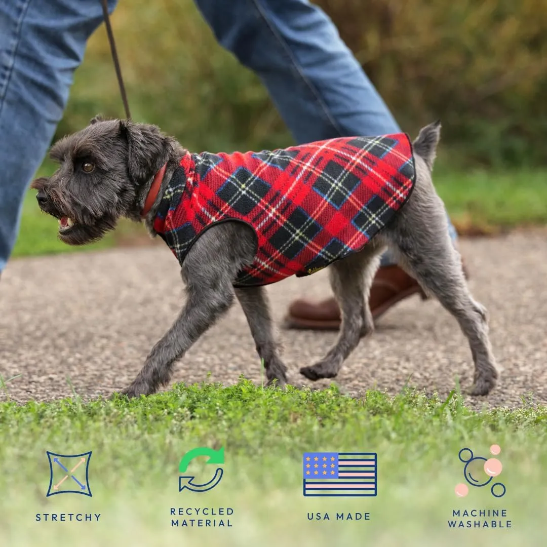 Stretch Fleece Dog Coat, Stretchy Pet Sweater, Machine Washable Pullover for Winter and Fall, Red Plaid, 16