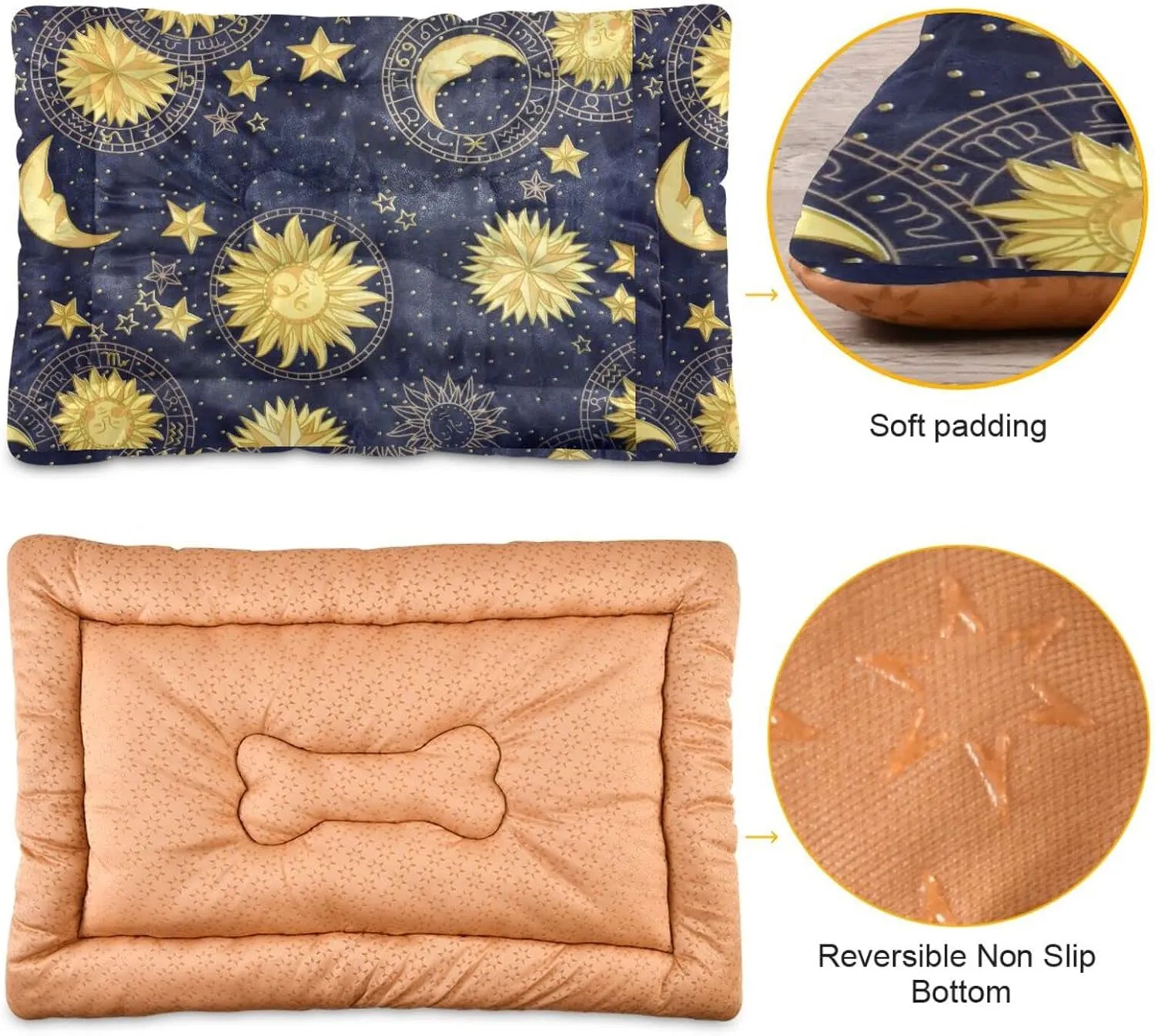 Sun Moon Stars Dog Bed Cat Bed Soft Washable Pet Crate Mat Non Slip Comfortable Breathable Crate Kennel Pad for Large Medium Small Dogs Cat, 24 x 36 Inch