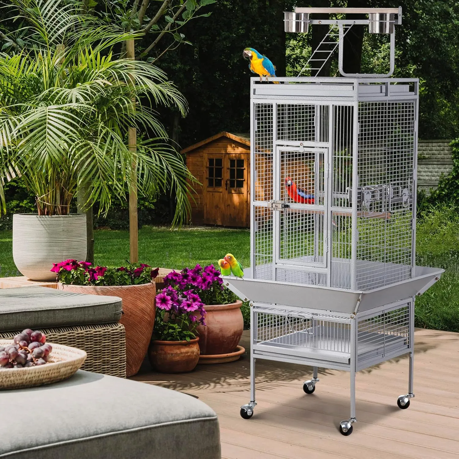 SUPER DEAL PRO 61-inch 2in1 Large Bird Cage with Rolling Stand Playtop Parrot Chinchilla Finch Cage Macaw Conure Cockatiel Cockatoo Pet House Wrought Iron Birdcage, White