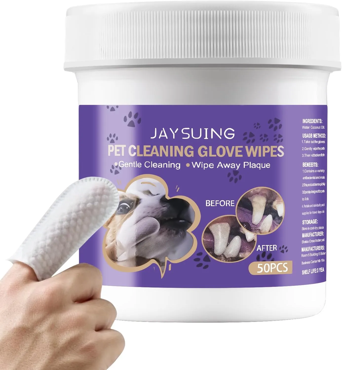 Teeth Cleaning Finger Wipes for Dogs & Cats, Reduces Plaque & Tartar, Promotes Oral Health, Freshens Breath, Disposable Gentle Cleaning & Gum Care Pet Wipes, 50 PCS