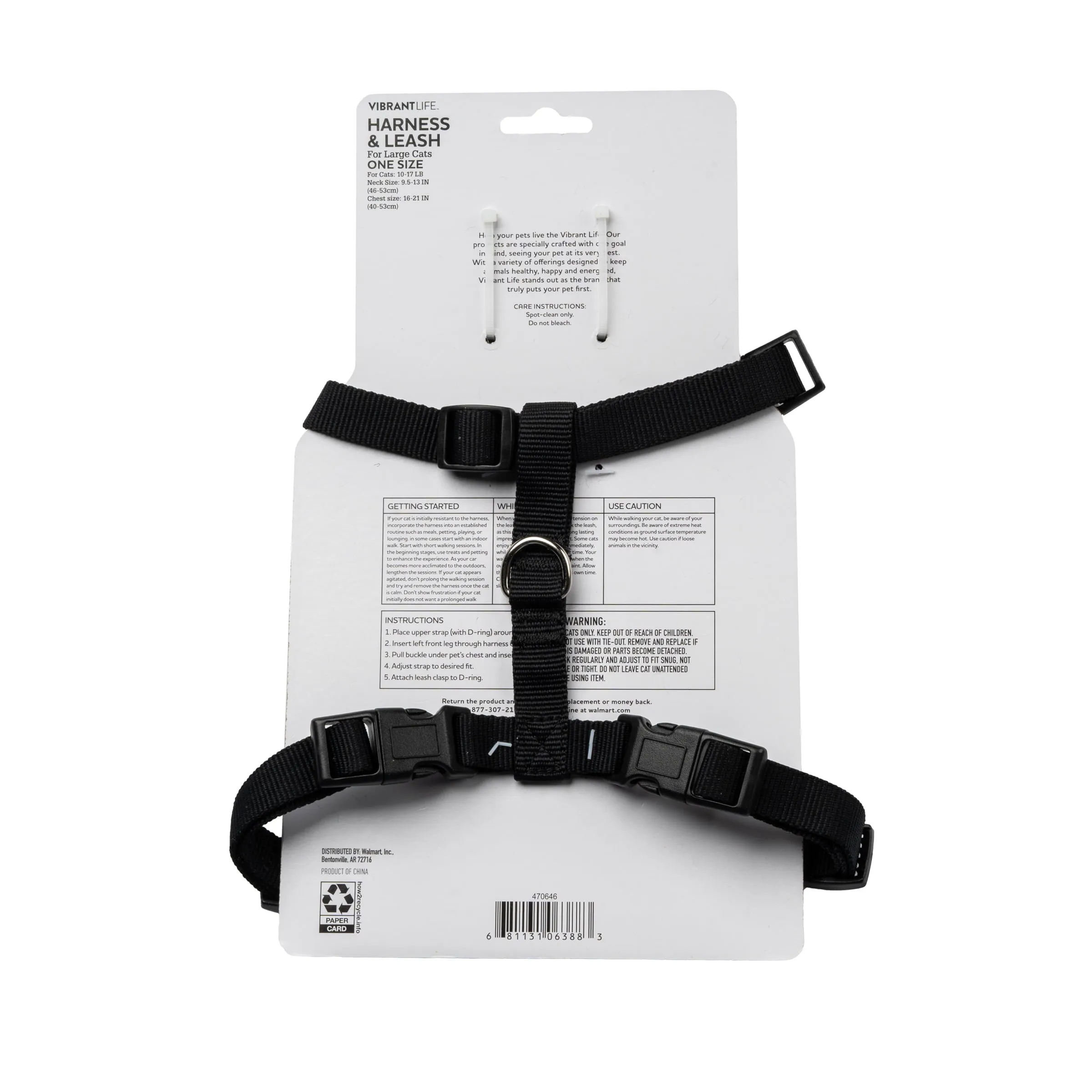 Vibrant Life, Polyester Large Cat Harness and Leash Combo, Black, One Size