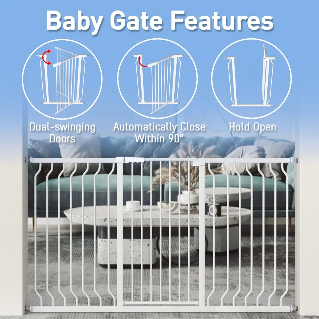 WAOWAO Extra Tall 40.55" Baby Gate 76.77-85.43" Wide Pressure Mounted Walk Through Swing Auto Close Safety White Metal Toddler Child Dog Pet for Indoor Stairs,Doorways,Kitche