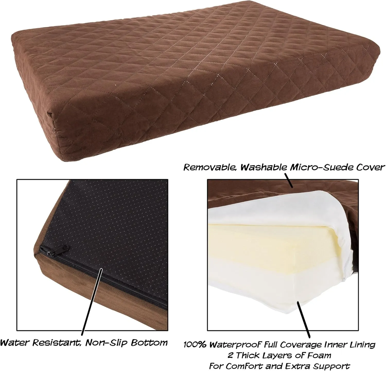 Waterproof Dog Bed - 2-Layer Memory Foam Pet Pad with Removable Machine Washable Cover - 30x21 Crate Mat for Dogs or Puppies by PETMAKER (Brown)