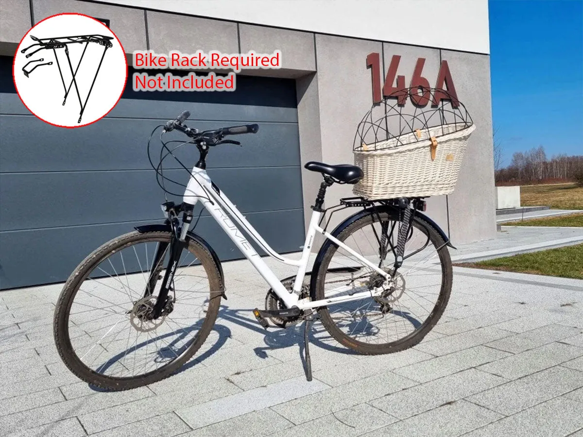 Wicker Dog or Cat Carrier with Protective Grille - for Bicycle Luggage Rack & Metal Holder - Ecru Color with Soft Cotton Cushion