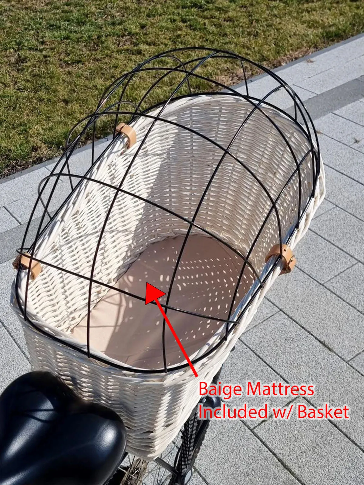 Wicker Dog or Cat Carrier with Protective Grille - for Bicycle Luggage Rack & Metal Holder - Ecru Color with Soft Cotton Cushion
