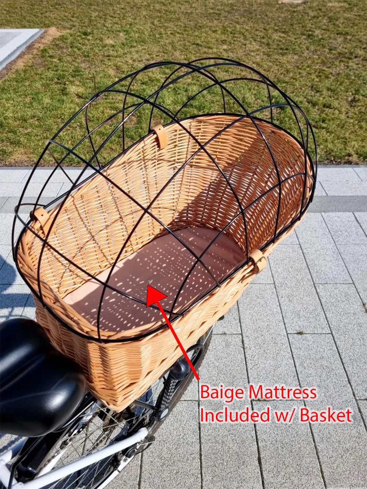 Wicker Dog or Cat Carrier with Protective Grille - for Bicycle Luggage Rack & Metal Holder - Natural Rattan Color with Soft Cotton Cushion
