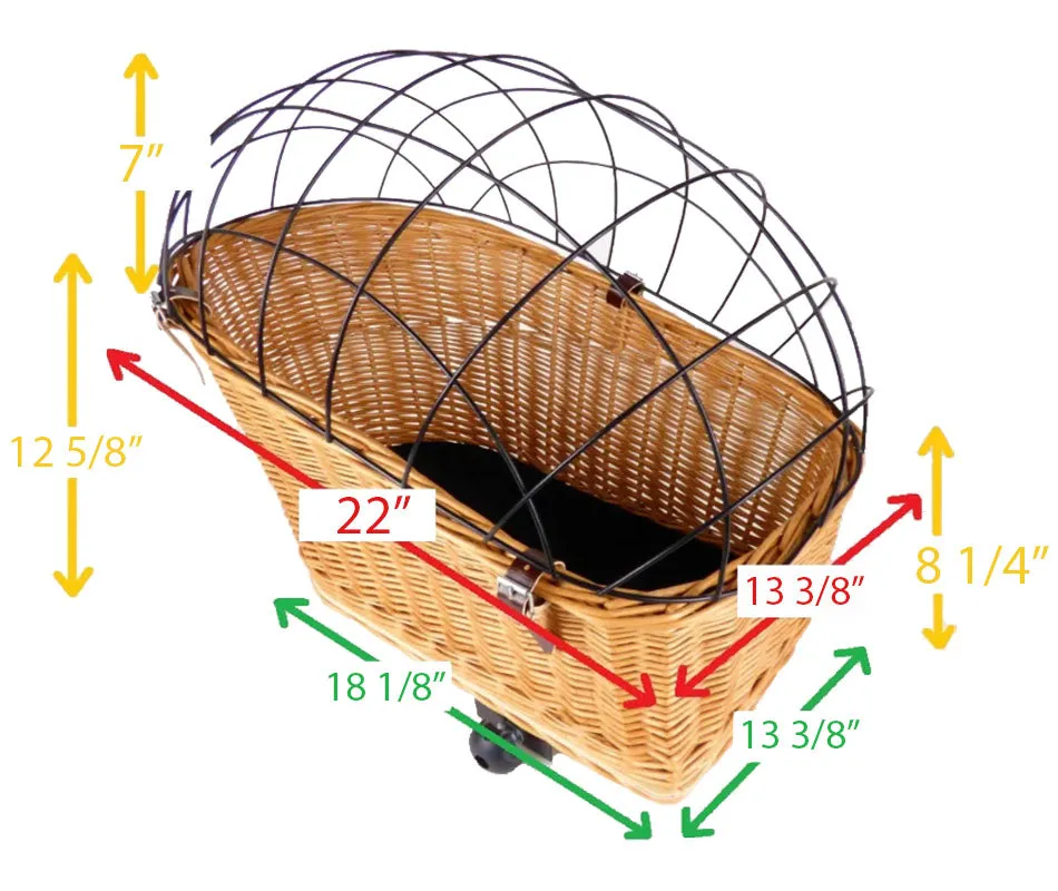 Wicker Dog or Cat Carrier with Protective Grille - for Bicycle Luggage Rack & Metal Holder - Natural Rattan Color with Soft Cotton Cushion