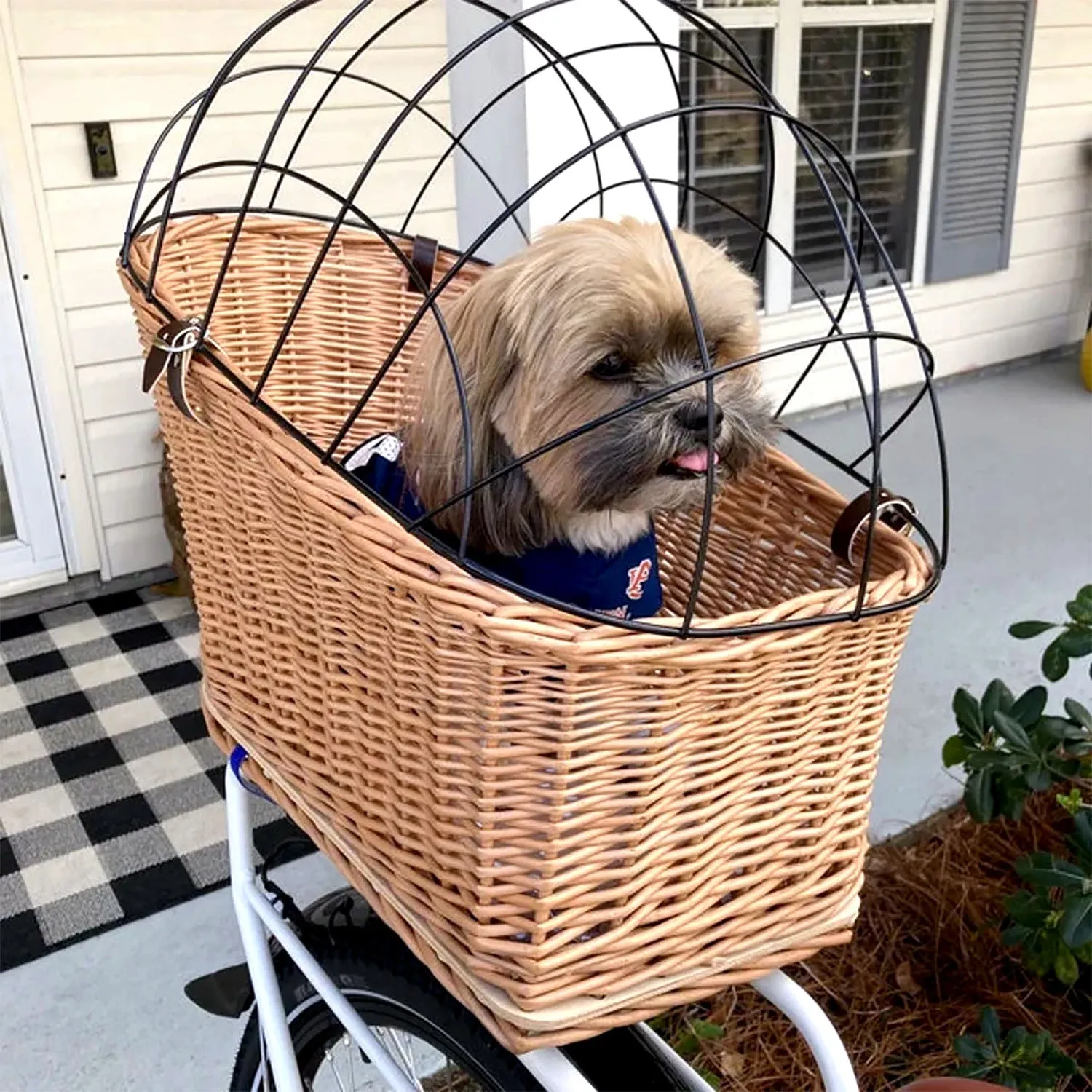 Wicker Dog or Cat Carrier with Protective Grille - for Bicycle Luggage Rack & Metal Holder - Natural Rattan Color with Soft Cotton Cushion