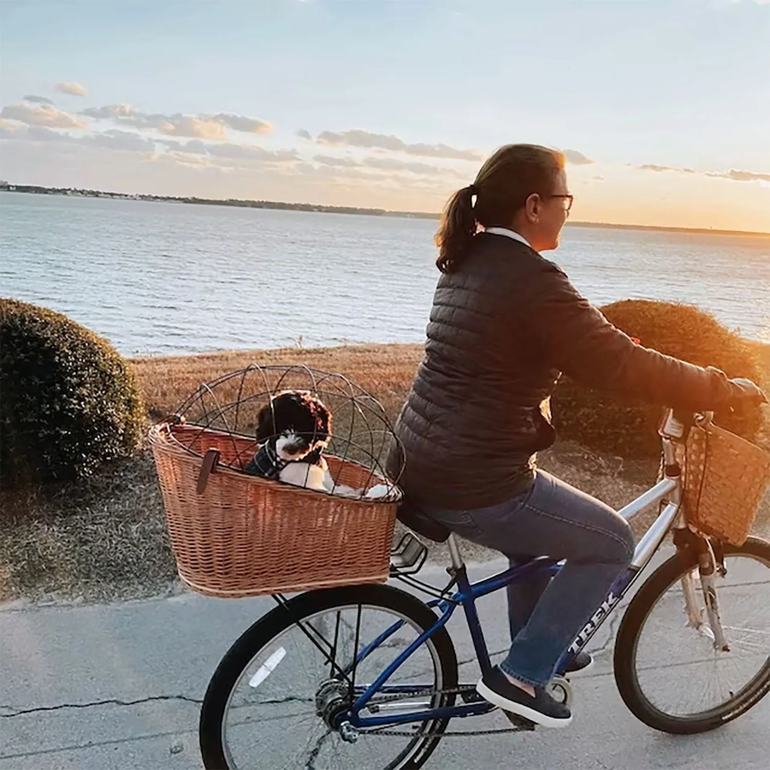 Wicker Dog or Cat Carrier with Protective Grille - for Bicycle Luggage Rack & Metal Holder - Natural Rattan Color with Soft Cotton Cushion